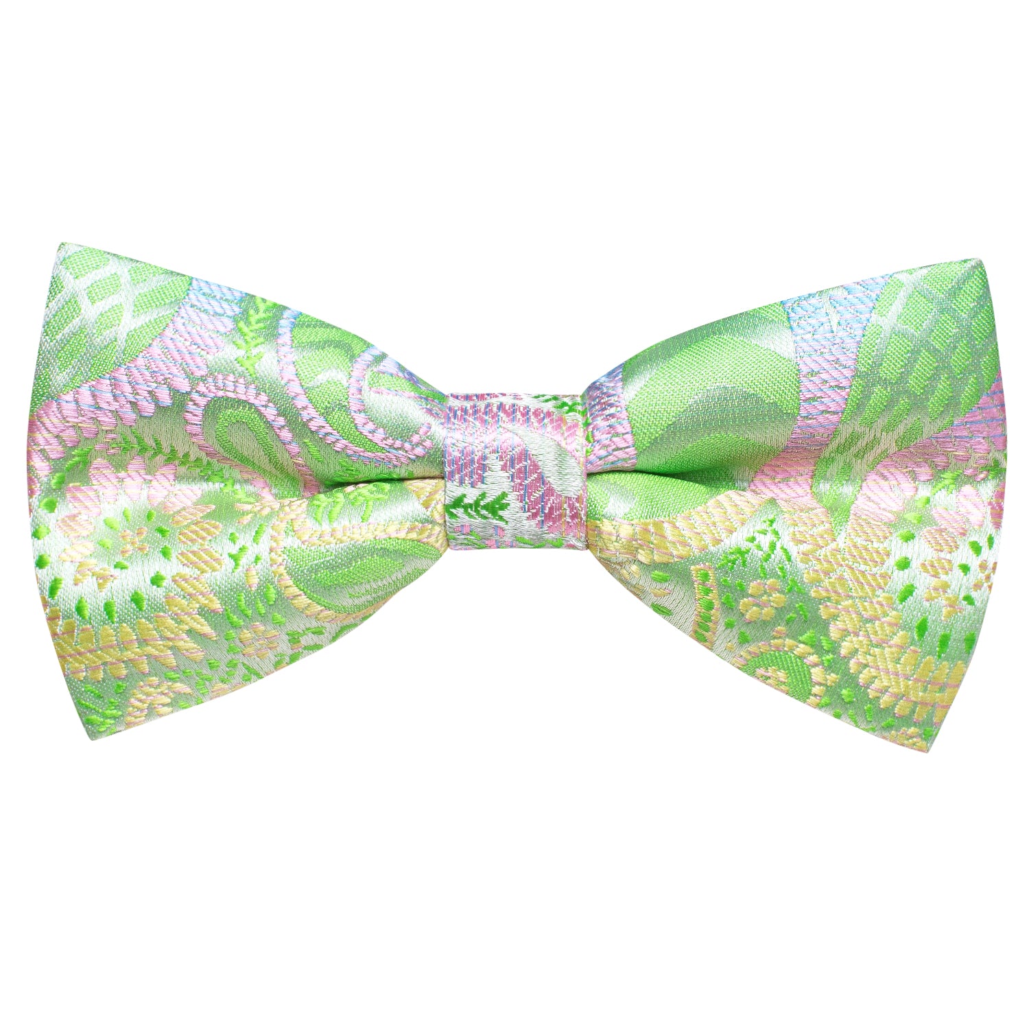 Green Pink Yellow Novelty Pre-tied Bow Tie Hanky Cufflinks Set