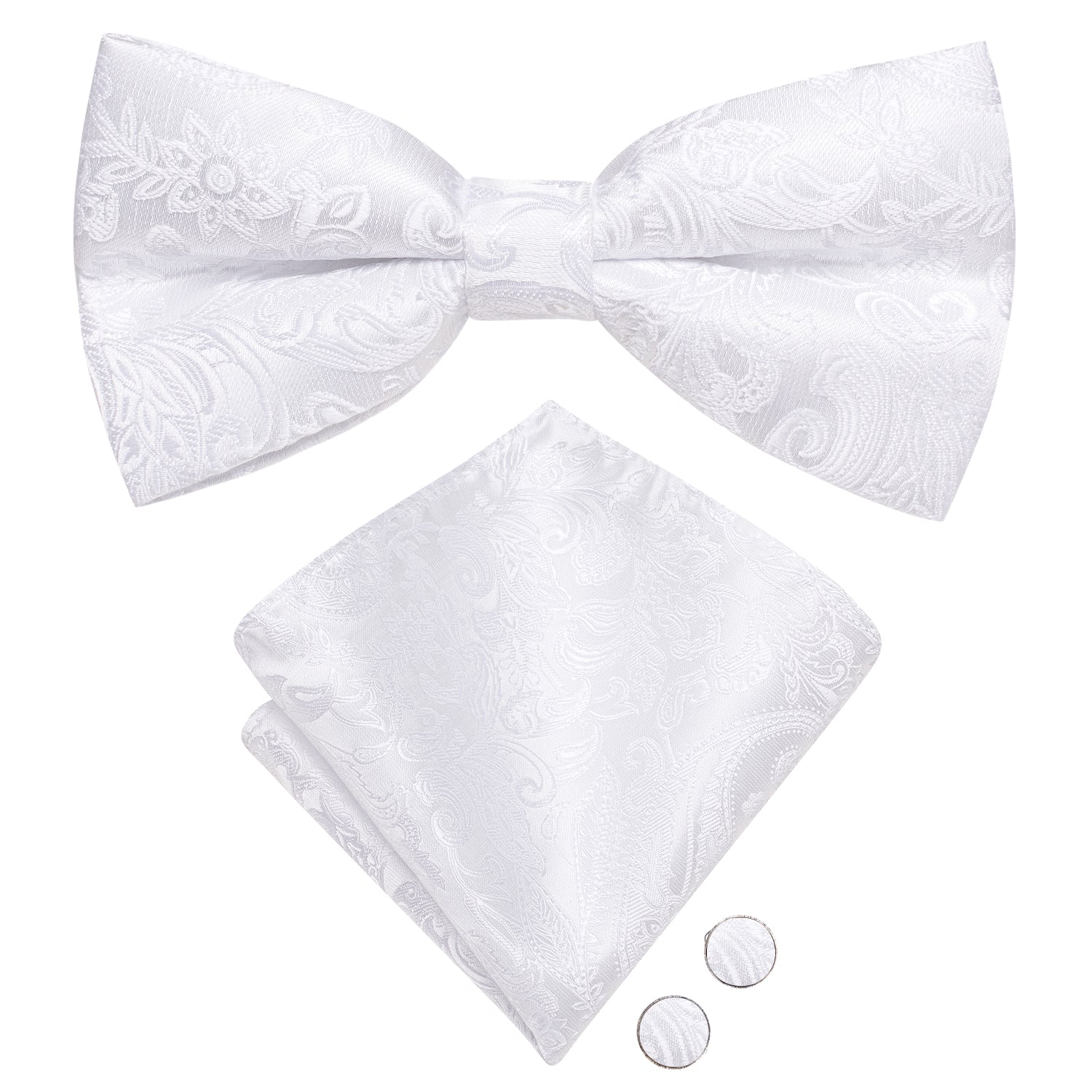 Pure White Paisley Pre-tied Bow Tie Hanky Cufflinks Set