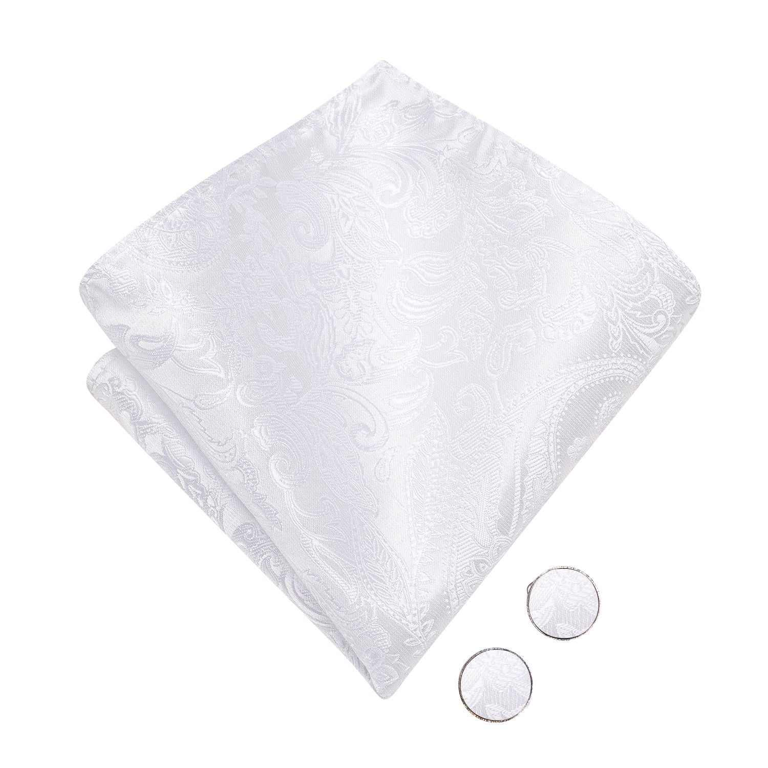 Pure White Paisley Pre-tied Bow Tie Hanky Cufflinks Set