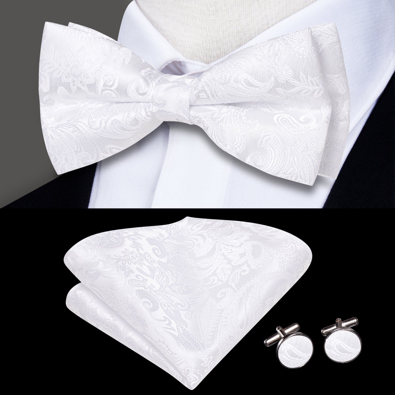 Pure White Paisley Pre-tied Bow Tie Hanky Cufflinks Set