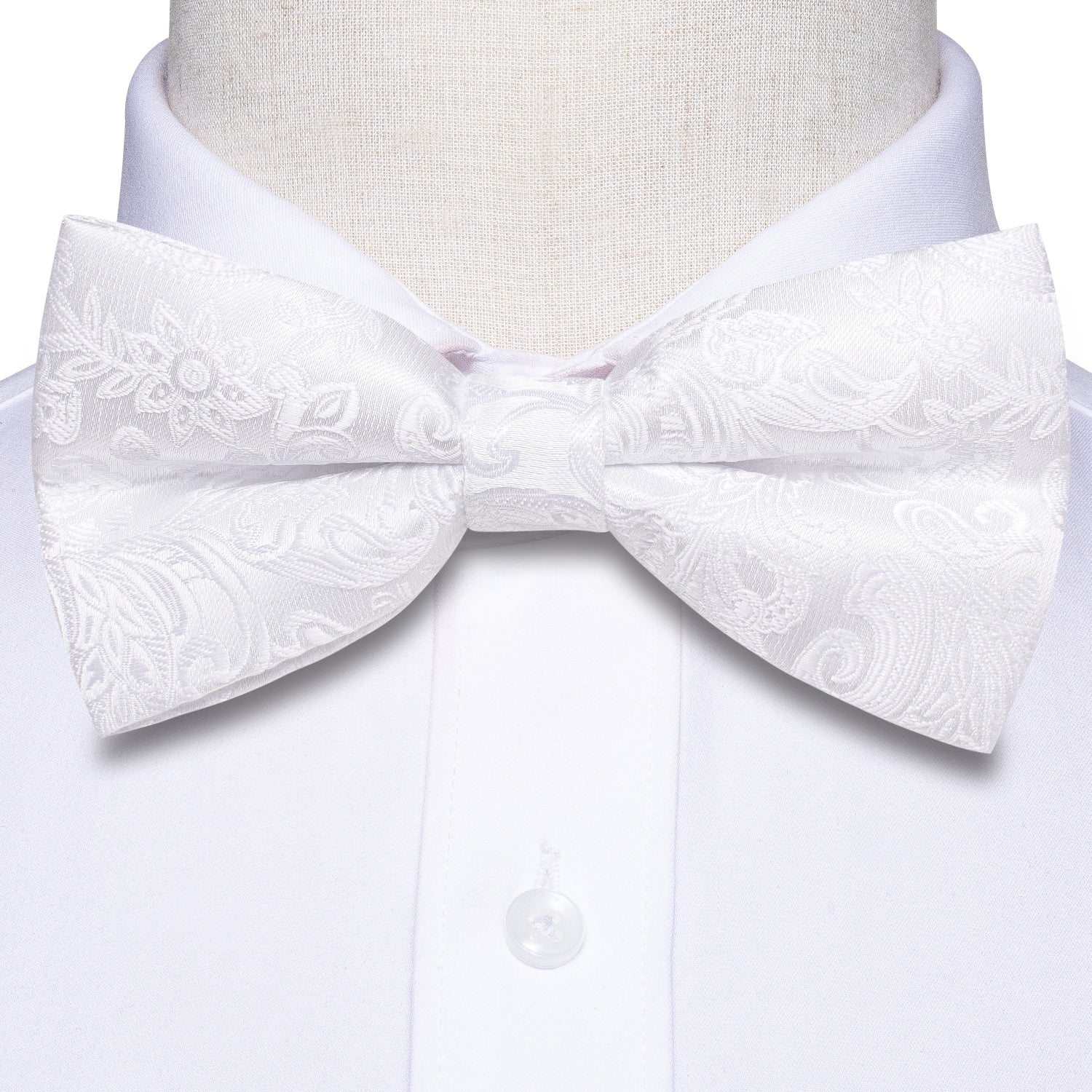 Pure White Paisley Pre-tied Bow Tie Hanky Cufflinks Set