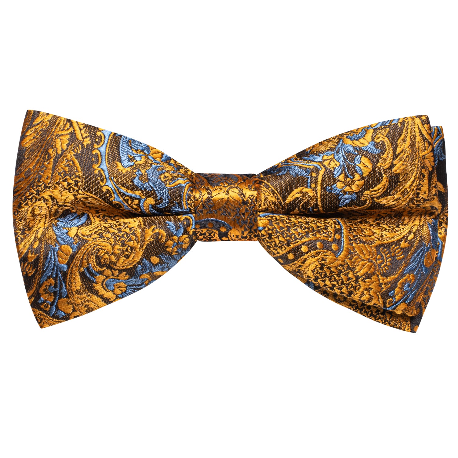 Golden Blue Paisley Pre-tied Bow Tie Hanky Cufflinks Set
