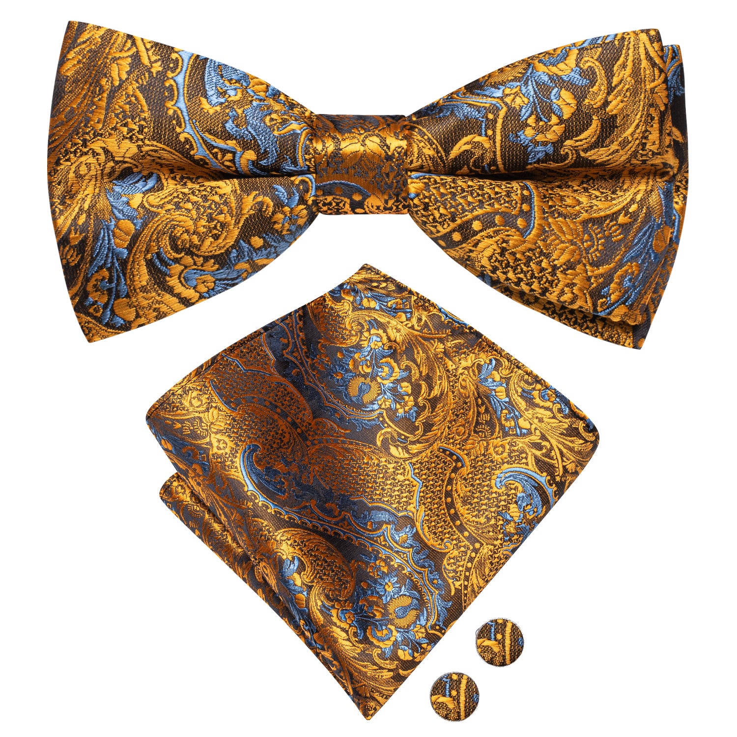 Golden Blue Paisley Pre-tied Bow Tie Hanky Cufflinks Set