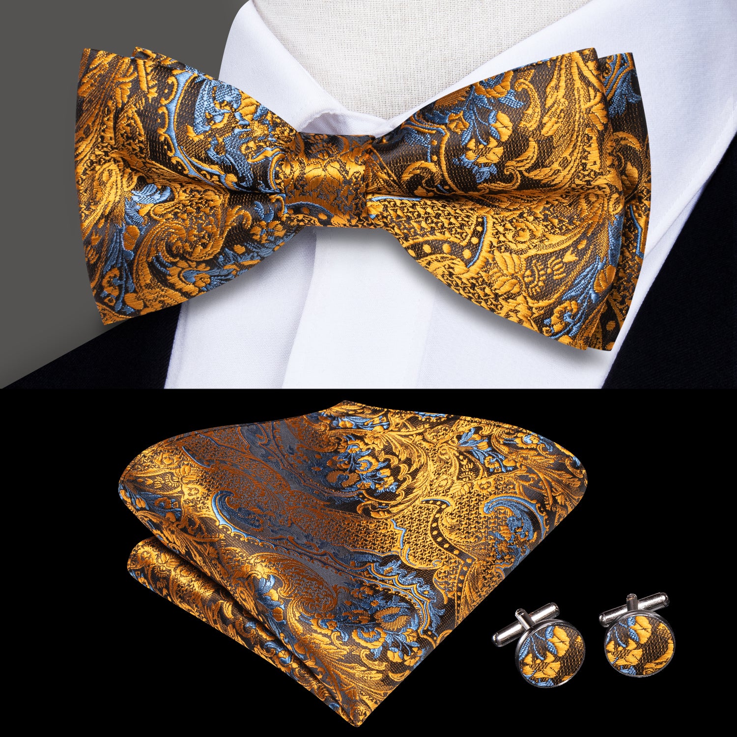 Golden Blue Paisley Pre-tied Bow Tie Hanky Cufflinks Set