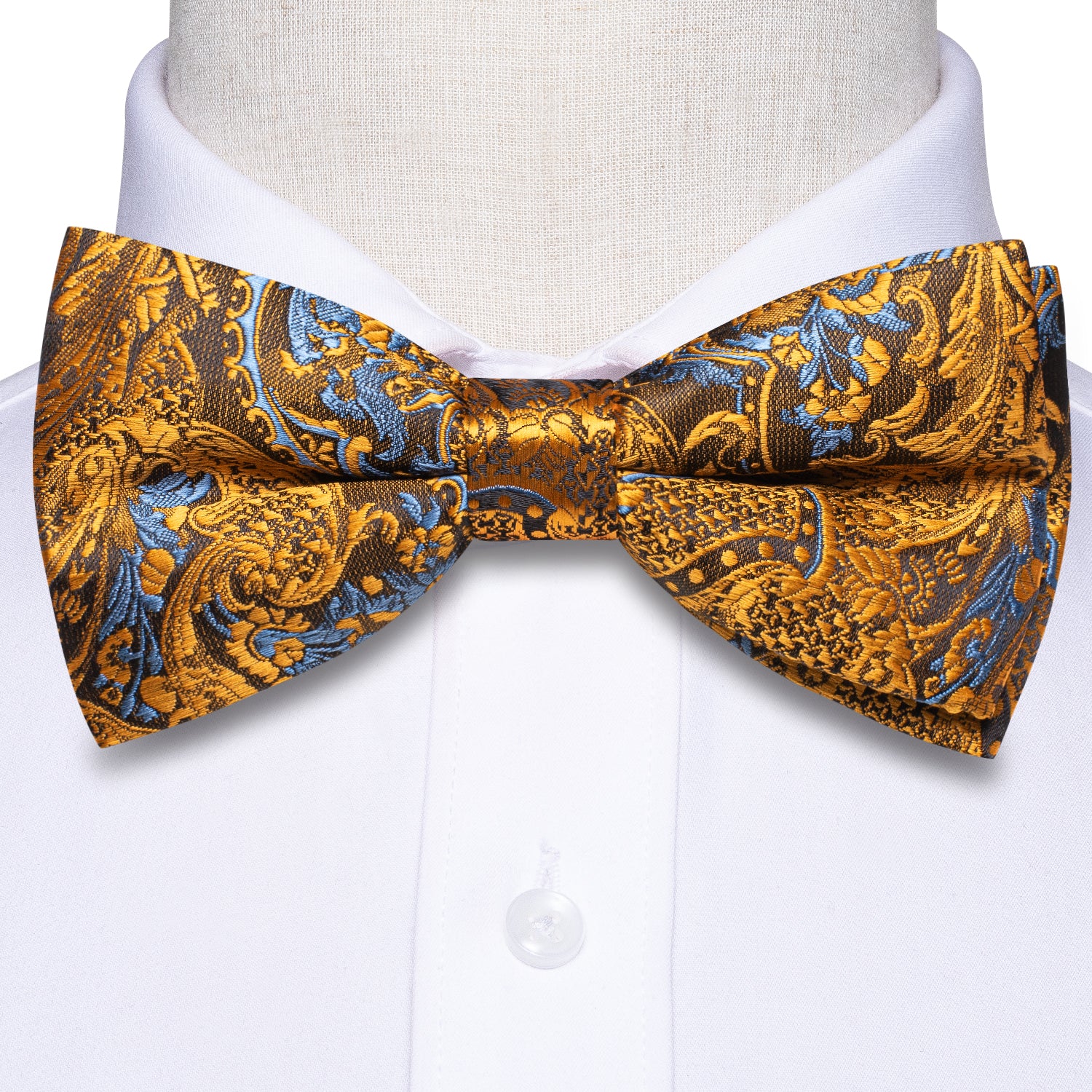 Golden Blue Paisley Pre-tied Bow Tie Hanky Cufflinks Set