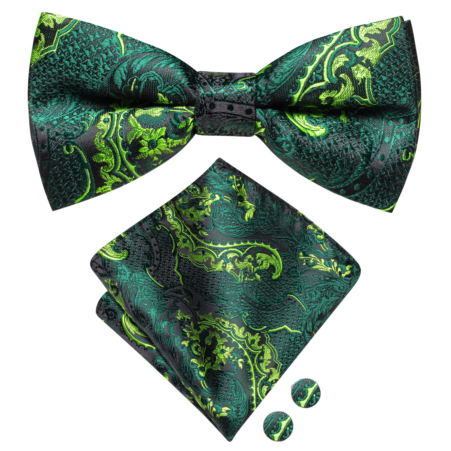 Emerald Green Paisley Pre-tied Bow Tie Hanky Cufflinks Set