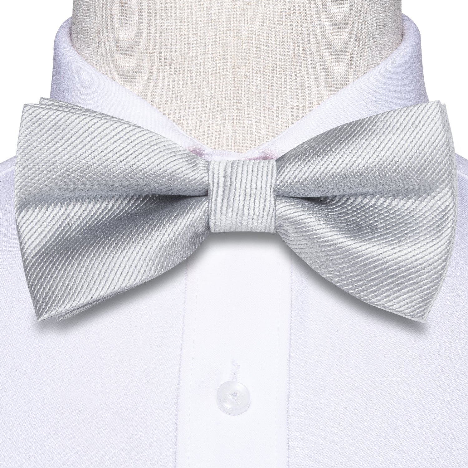 Silver Grey Striped Pre-tied Bow Tie Hanky Cufflinks Set