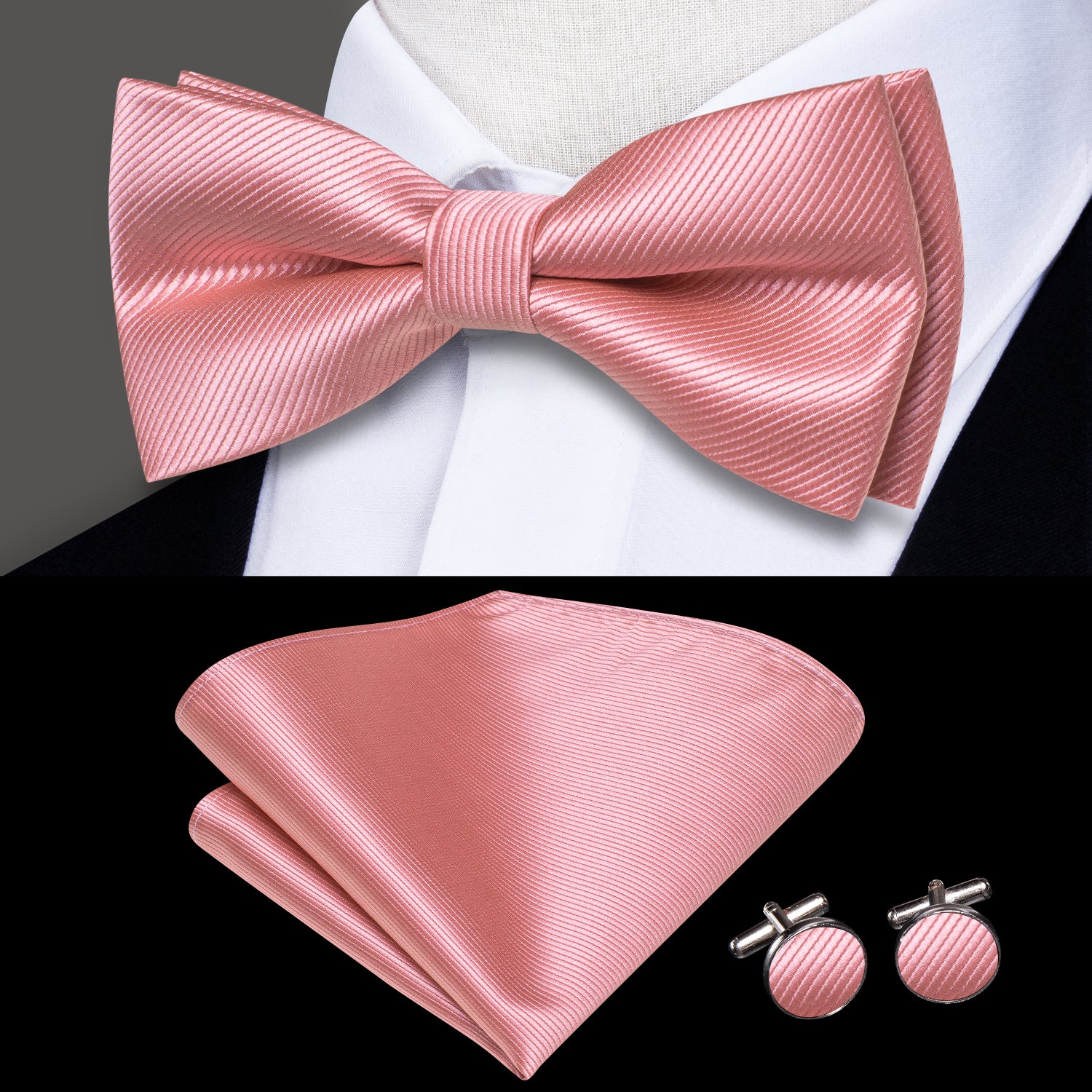 Salmon Pink Striped Pre-tied Bow Tie Hanky Cufflinks Set