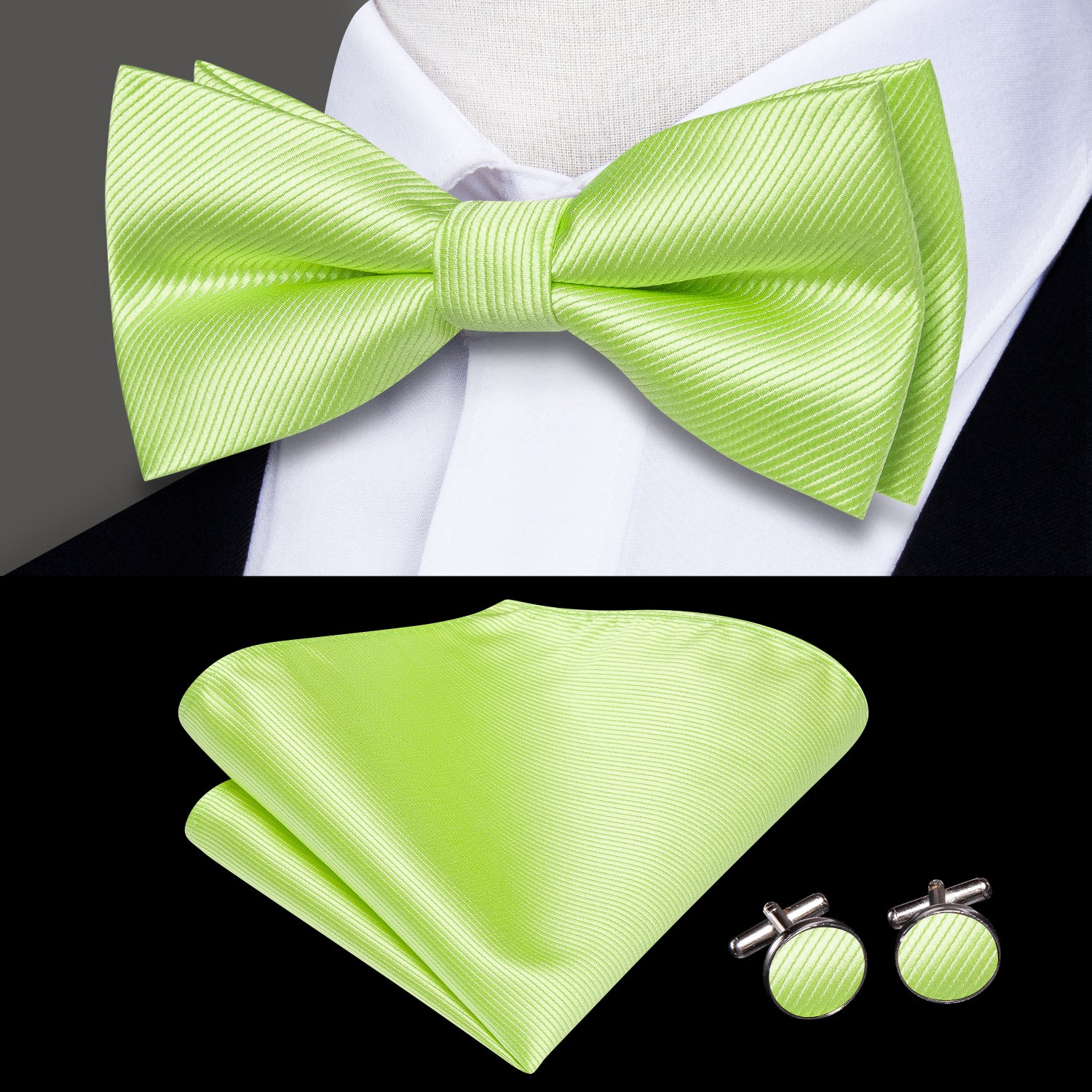 Apple Green Striped Pre-tied Bow Tie Hanky Cufflinks Set