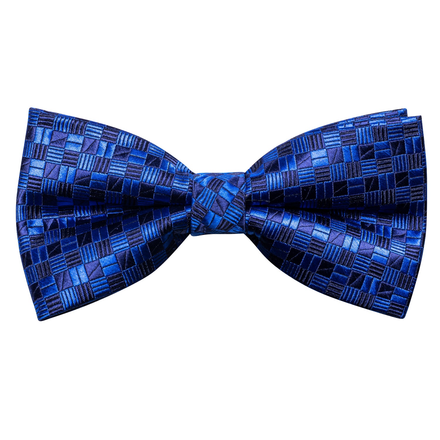 Royal Blue Geometric Plaid Silk Pre-tied Bow Tie Hanky Cufflinks Set