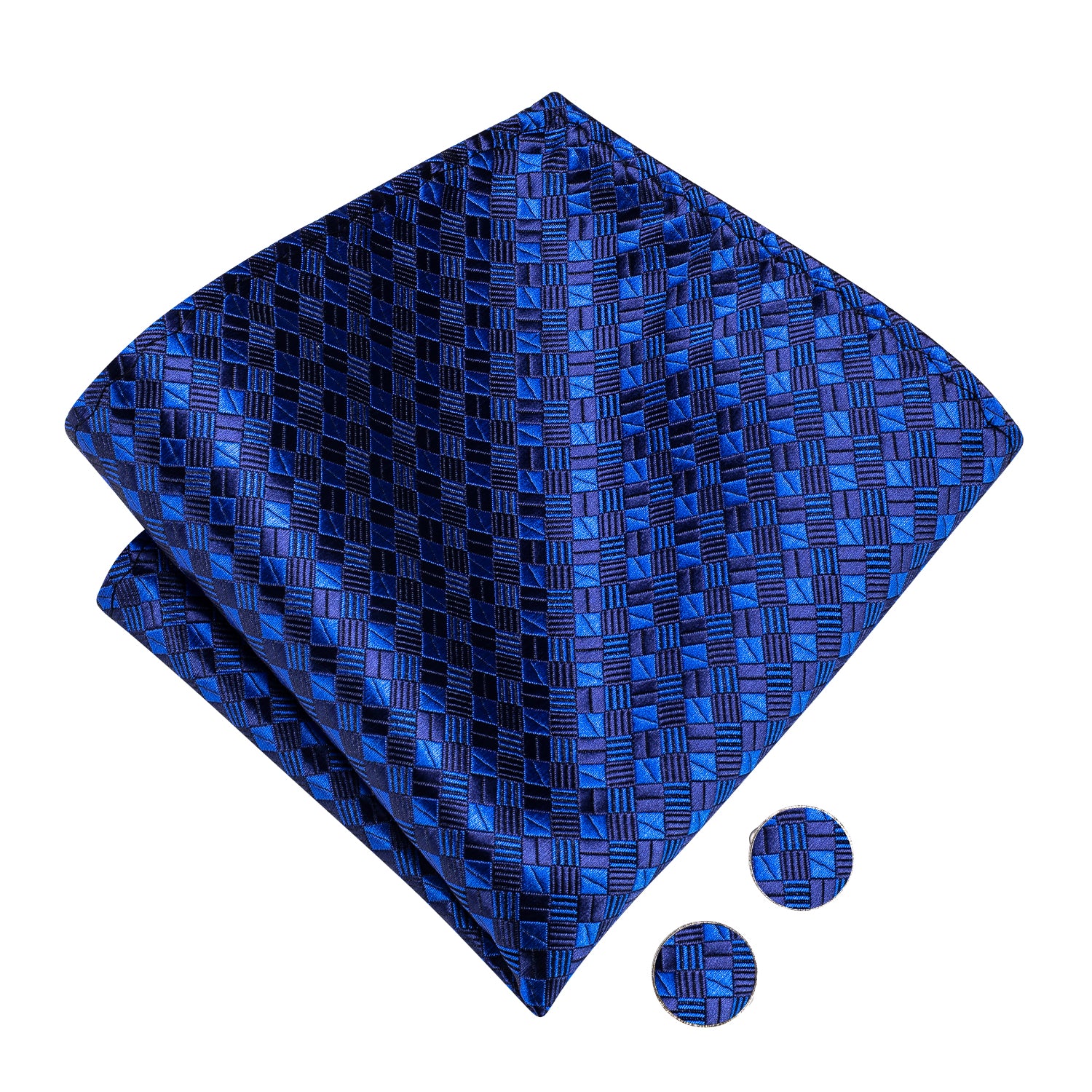 Royal Blue Geometric Plaid Silk Pre-tied Bow Tie Hanky Cufflinks Set