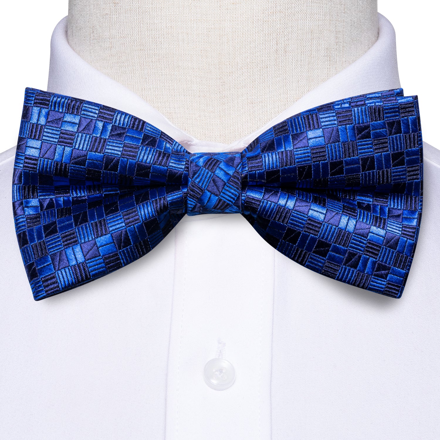 Royal Blue Geometric Plaid Silk Pre-tied Bow Tie Hanky Cufflinks Set