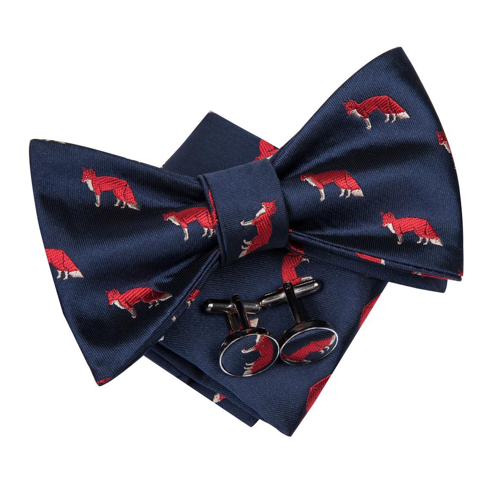 Deep Blue Fox Novelty Self-tied Bow Tie Pocket Square Cufflinks Set