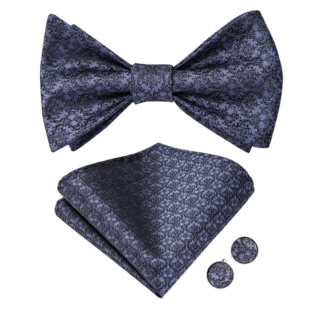 Grey Blue Floral Self-tied Bow Tie Hanky Cufflinks Set