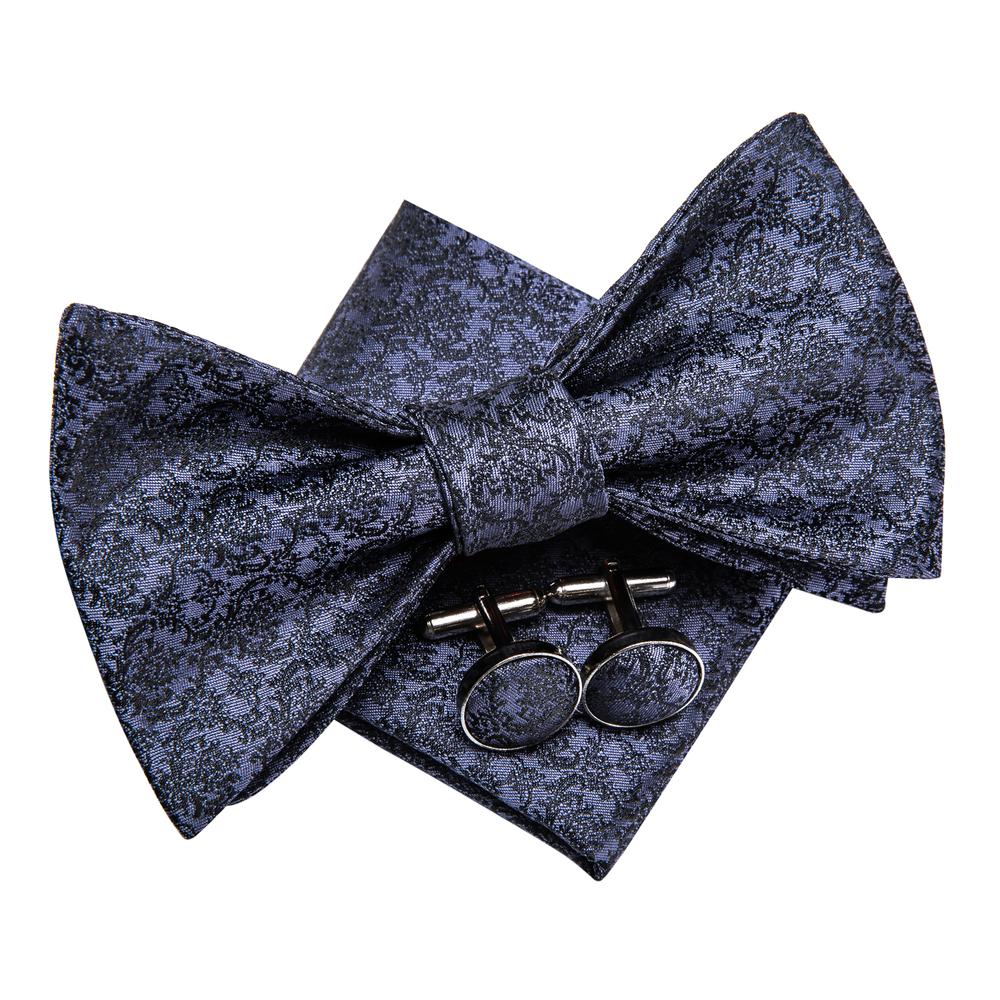 Grey Blue Floral Self-tied Bow Tie Hanky Cufflinks Set