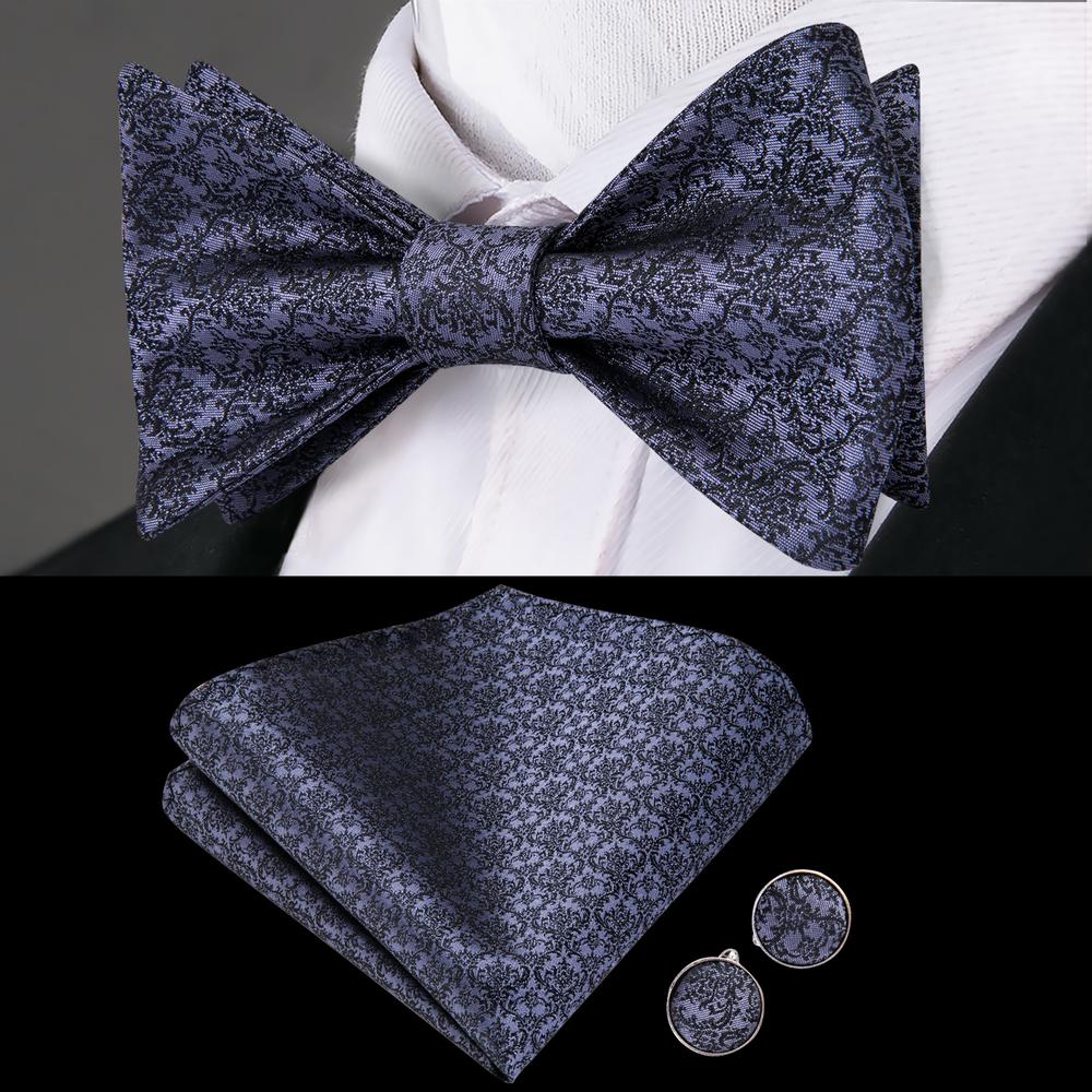 Grey Blue Floral Self-tied Bow Tie Hanky Cufflinks Set