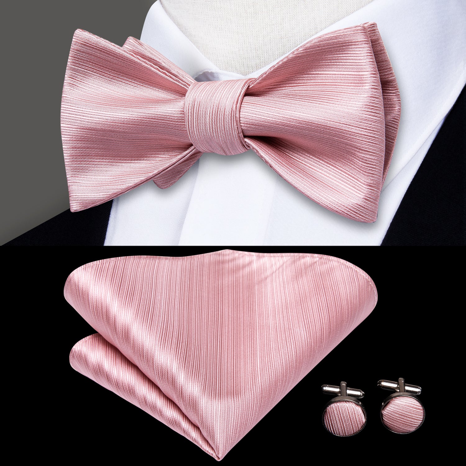 Pink Solid Self-tied Bow Tie Pocket Square Cufflinks Set
