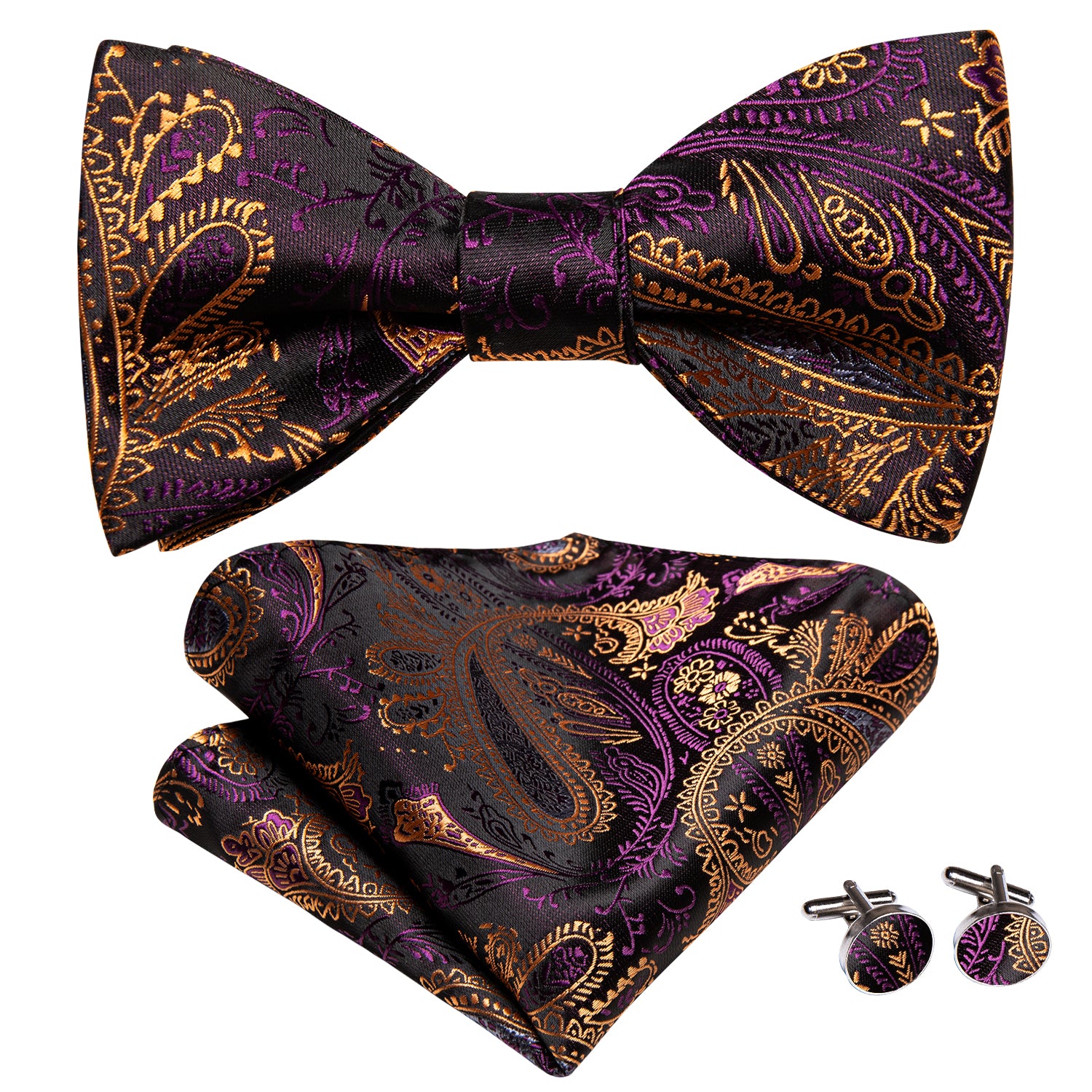Black Purple Golden Paisley Self-tied Bow Tie Pocket Square Cufflinks Set
