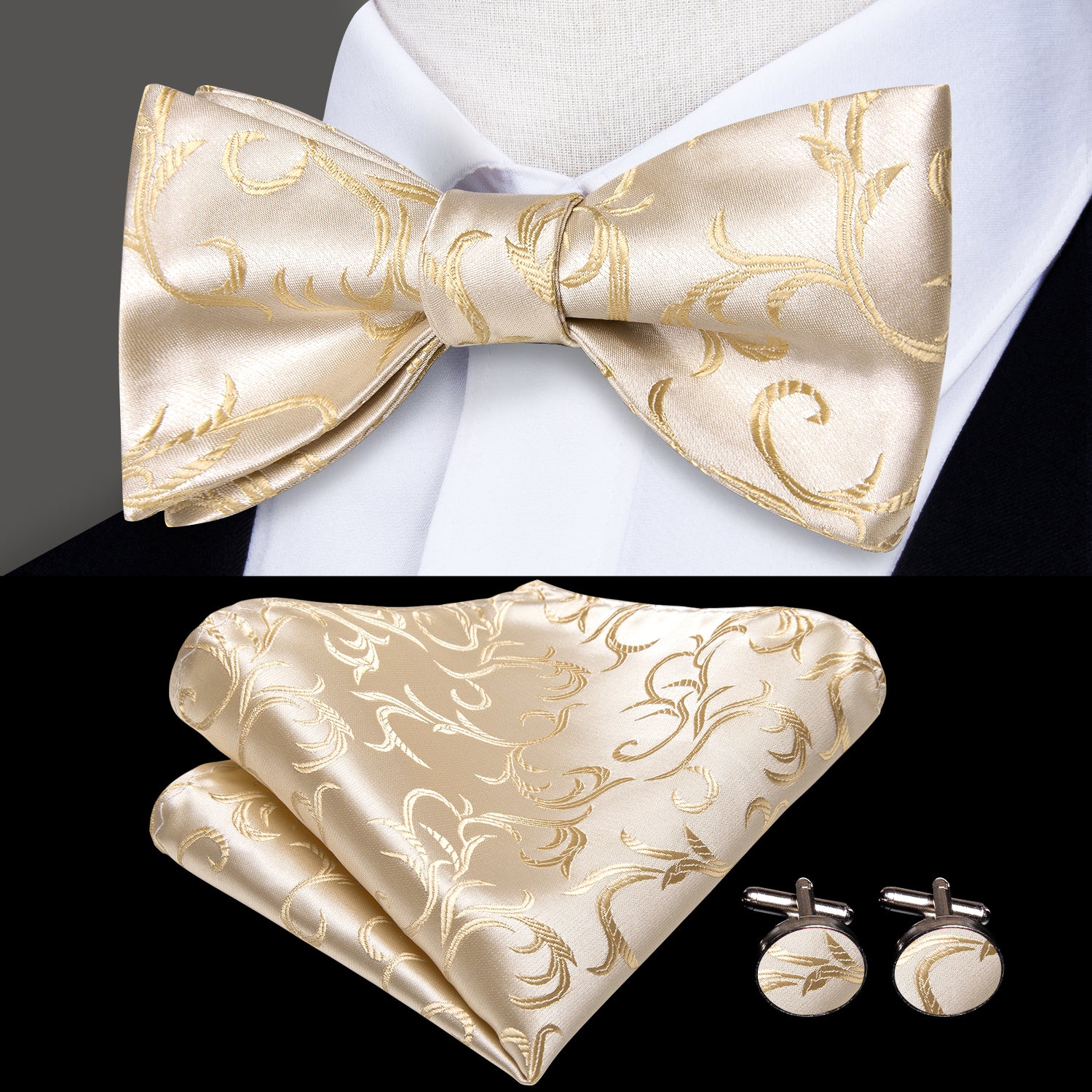 White Champagne Leaves Self-tied Bow Tie Pocket Square Cufflinks Set