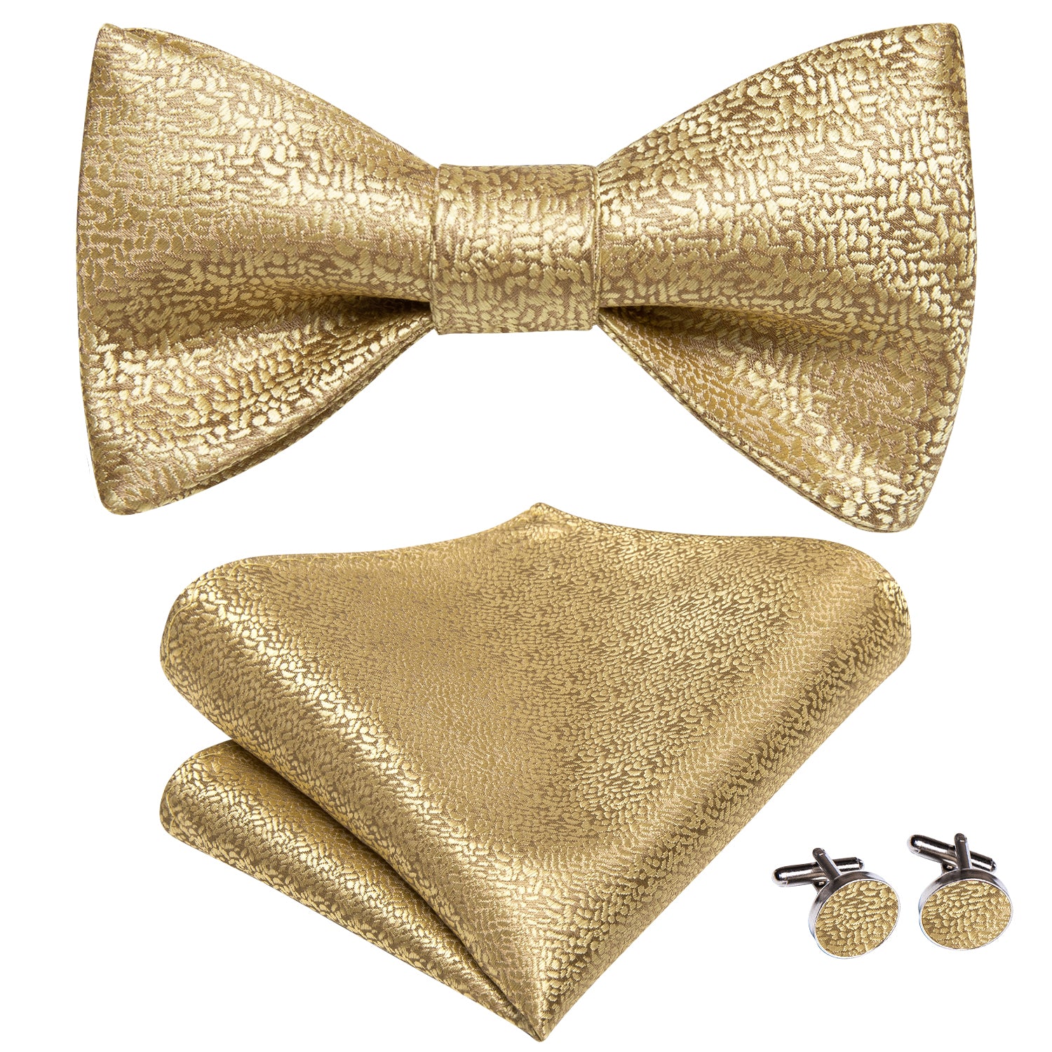 Champagne Golden Solid Self-tied Bow Tie Pocket Square Cufflinks Set