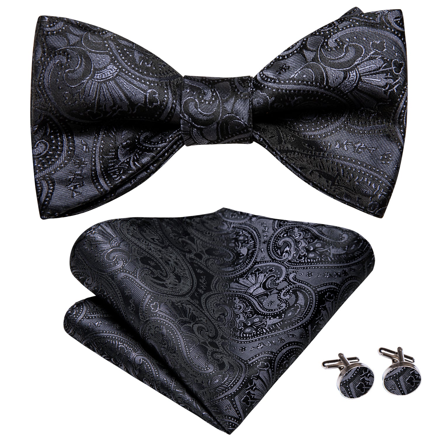 Black Grey Paisley Self-tied Bow Tie Pocket Square Cufflinks Set