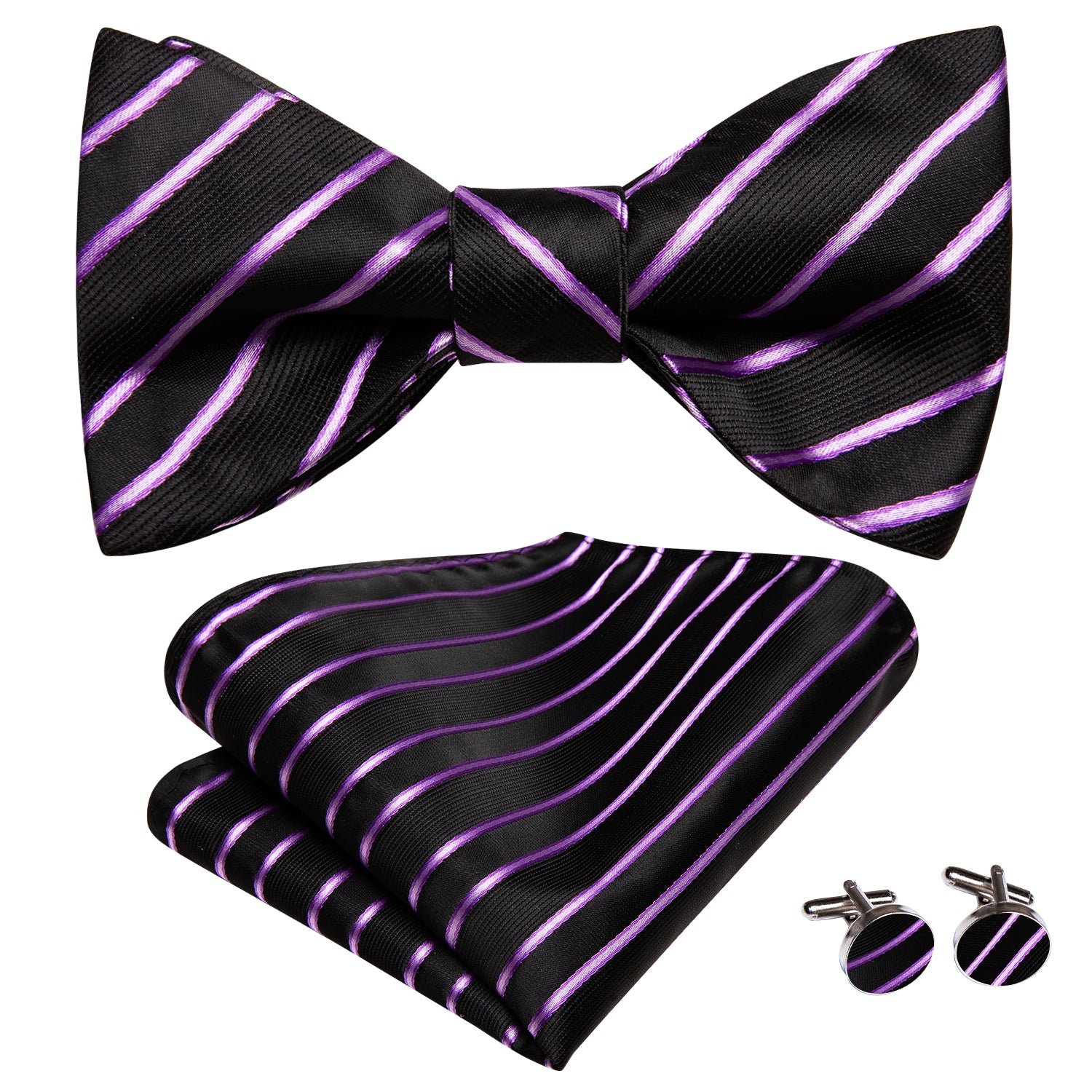 Black Purple Strip Self-tied Bowtie Pocket Square Cufflinks Set