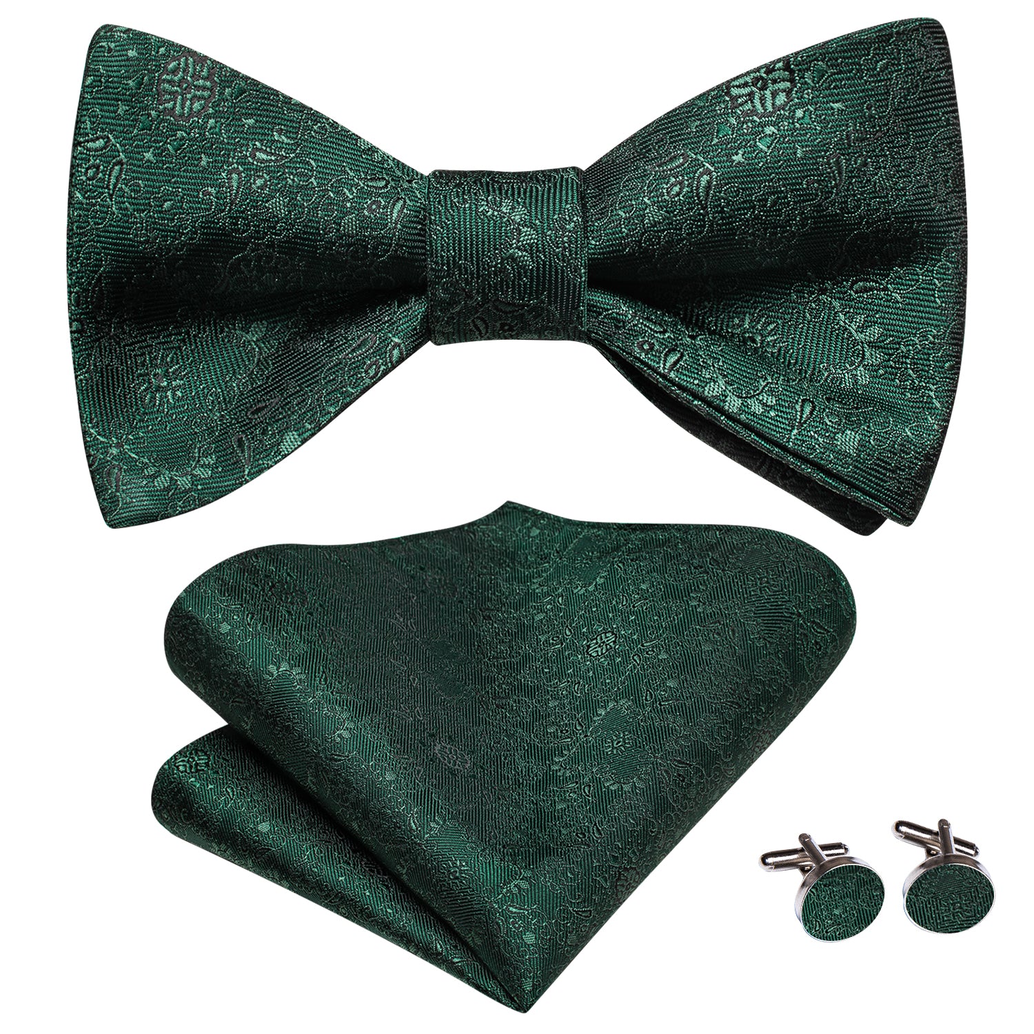 Dark Green Floral Pre-tied Bow Tie Hanky Cufflinks Set