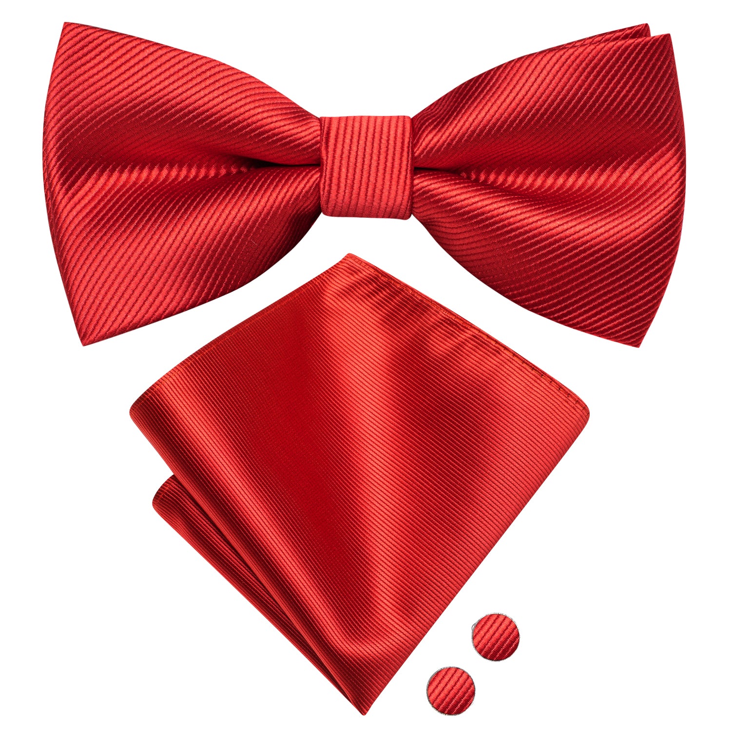 Deep Red Striped Pre-tied Bow Tie Hanky Cufflinks Set