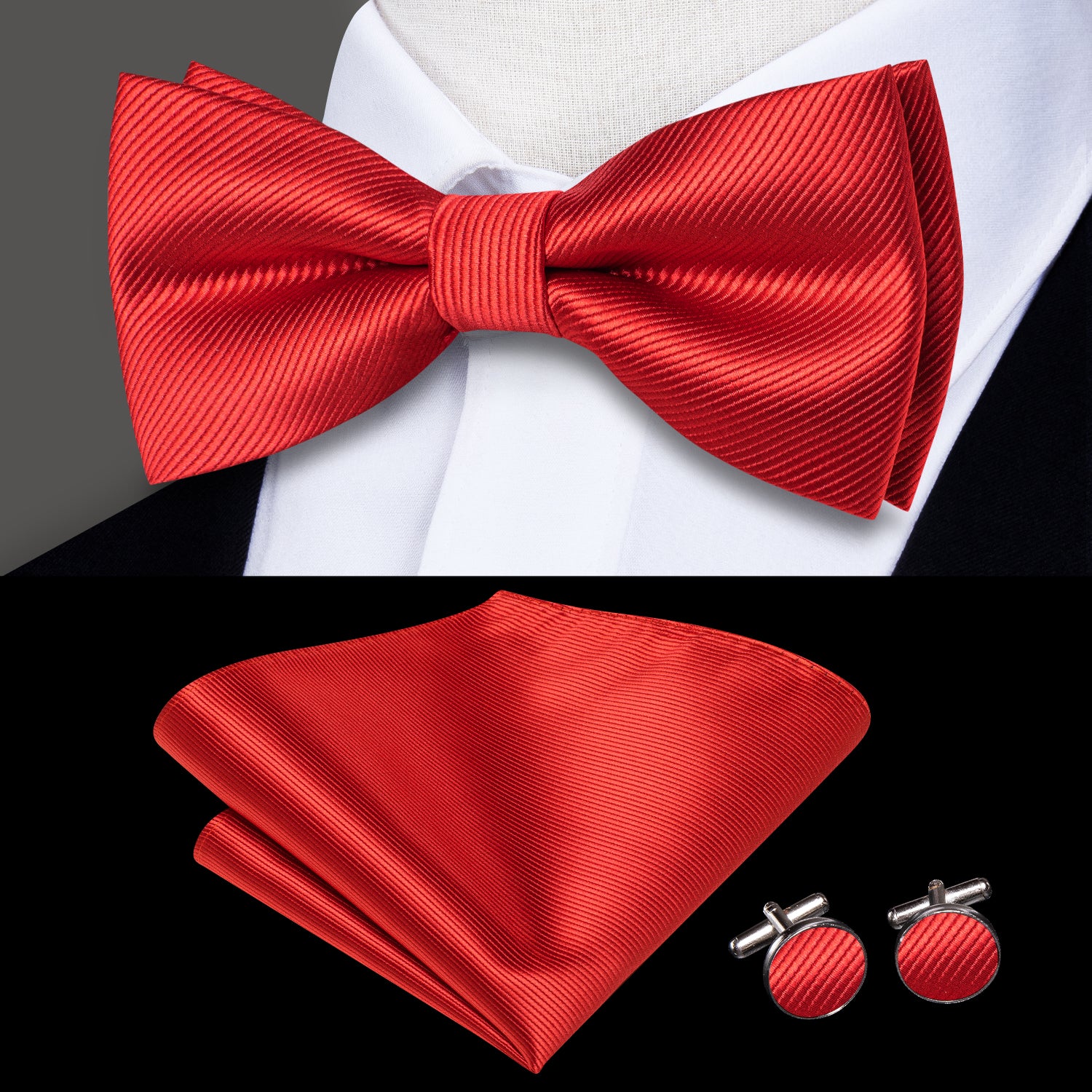 Deep Red Striped Pre-tied Bow Tie Hanky Cufflinks Set