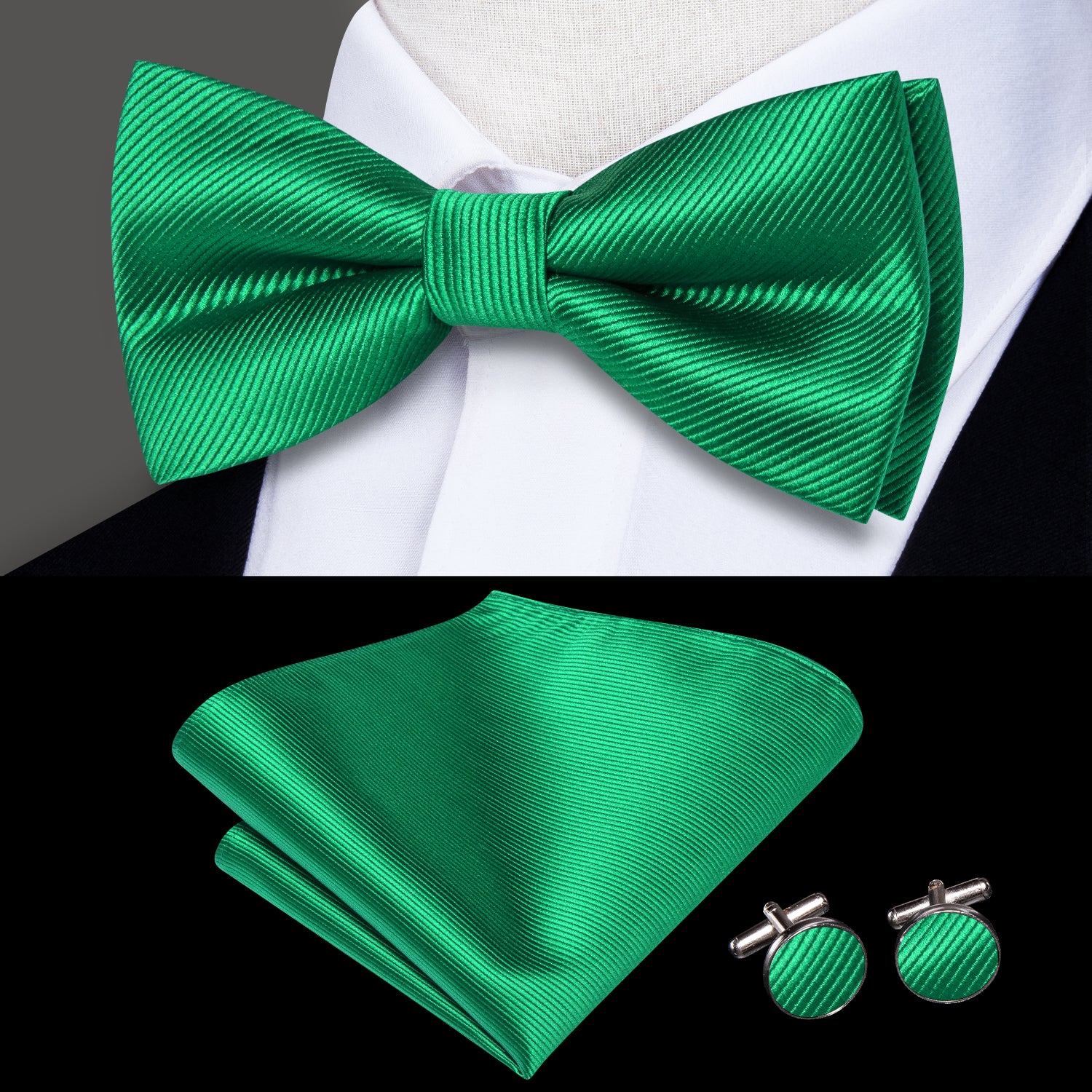Grass Green Striped Pre-tied Bow Tie Hanky Cufflinks Set