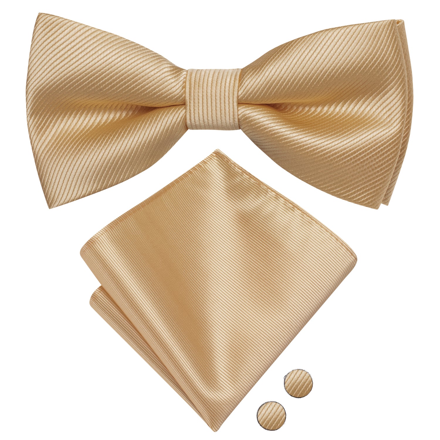 Mens Necktie Beige Striped Pre-tied Bow Tie Hanky Cufflinks Set
