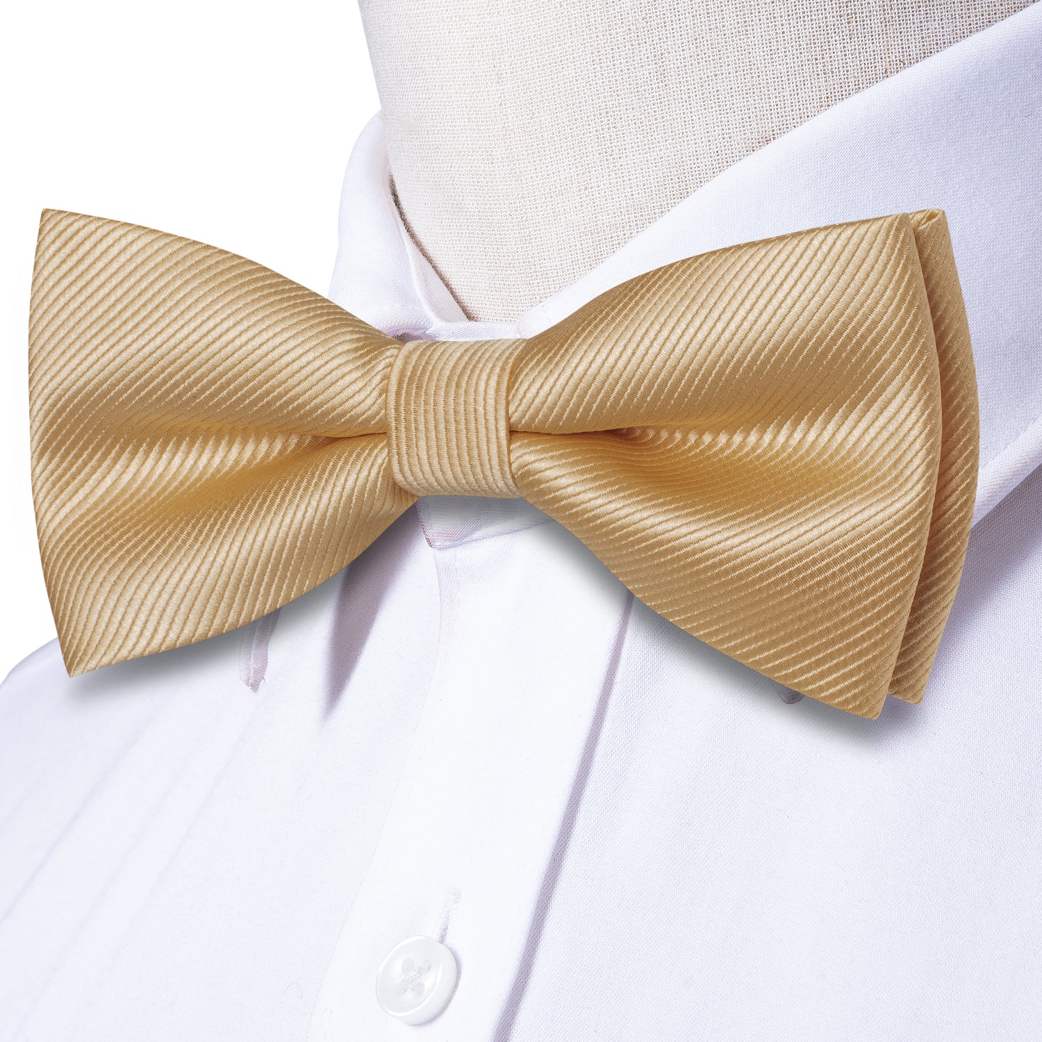 Mens Necktie Beige Striped Pre-tied Bow Tie Hanky Cufflinks Set
