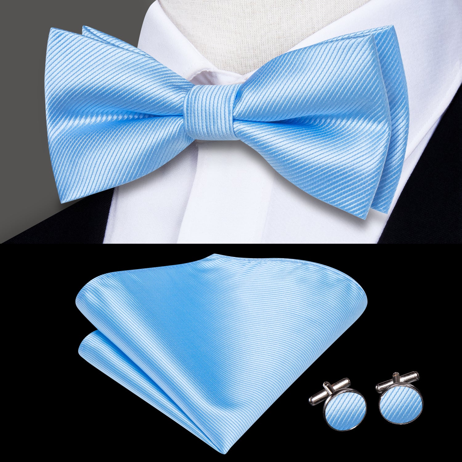 $9.99 Light Blue Striped Pre-tied Bow Tie Hanky Cufflinks Set