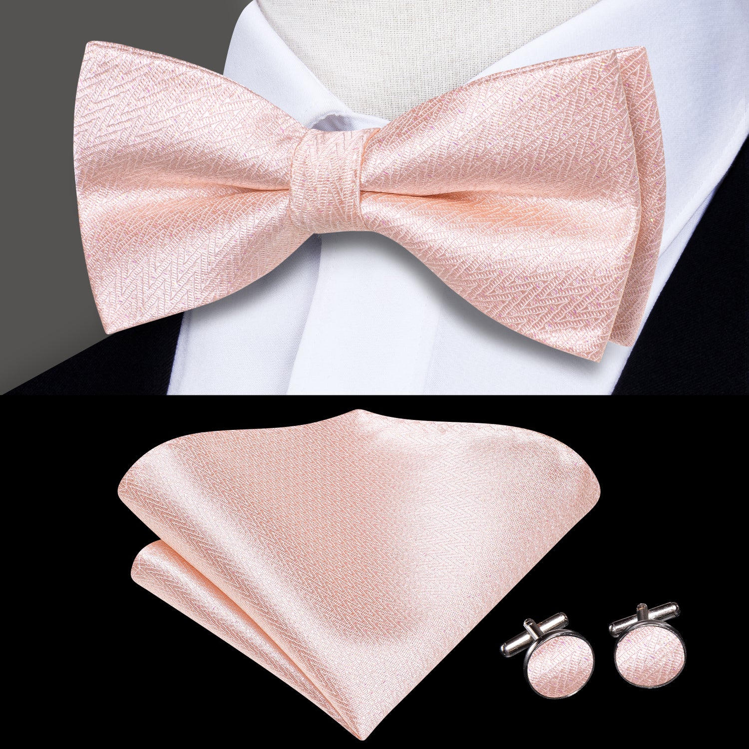 Baby Pink Striped Pre-tied Bow Tie Hanky Cufflinks Set