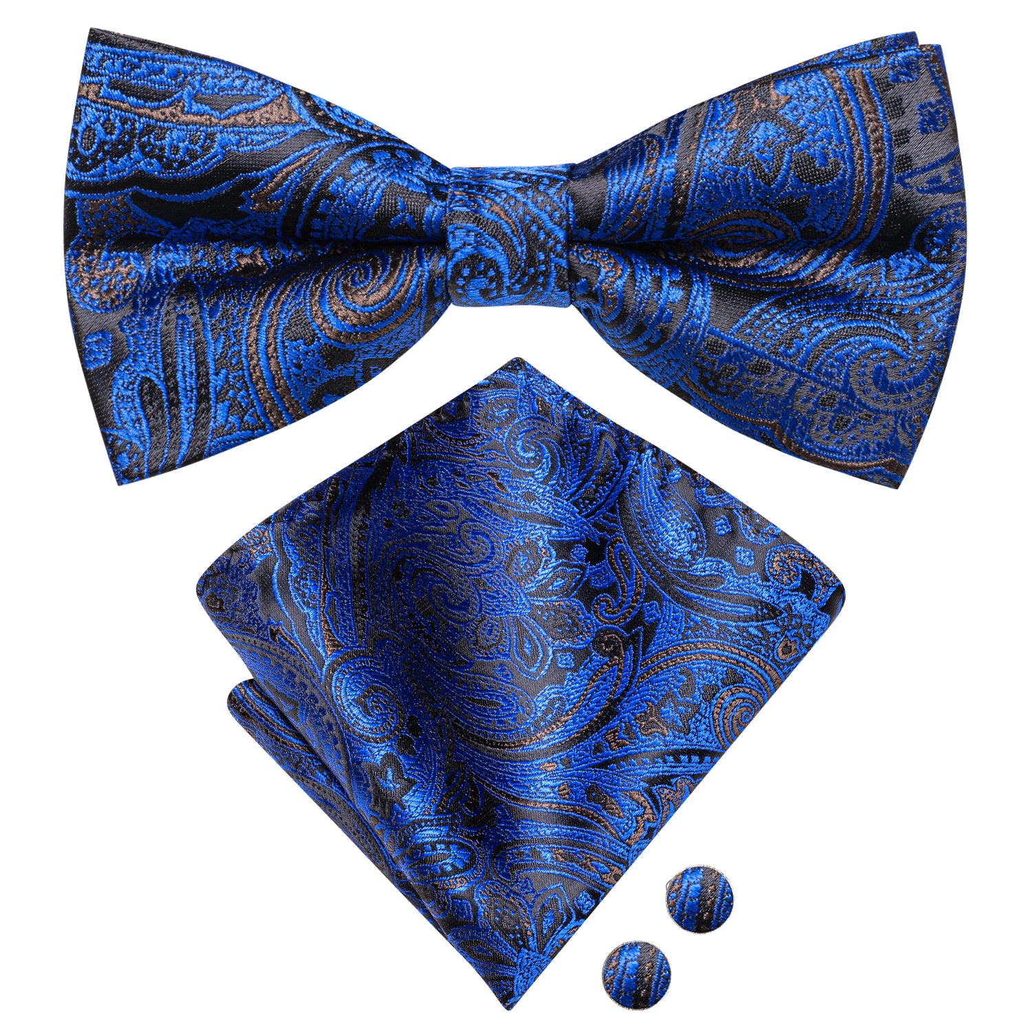 Black Blue Paisley Pre-tied Bow Tie Hanky Cufflinks Set