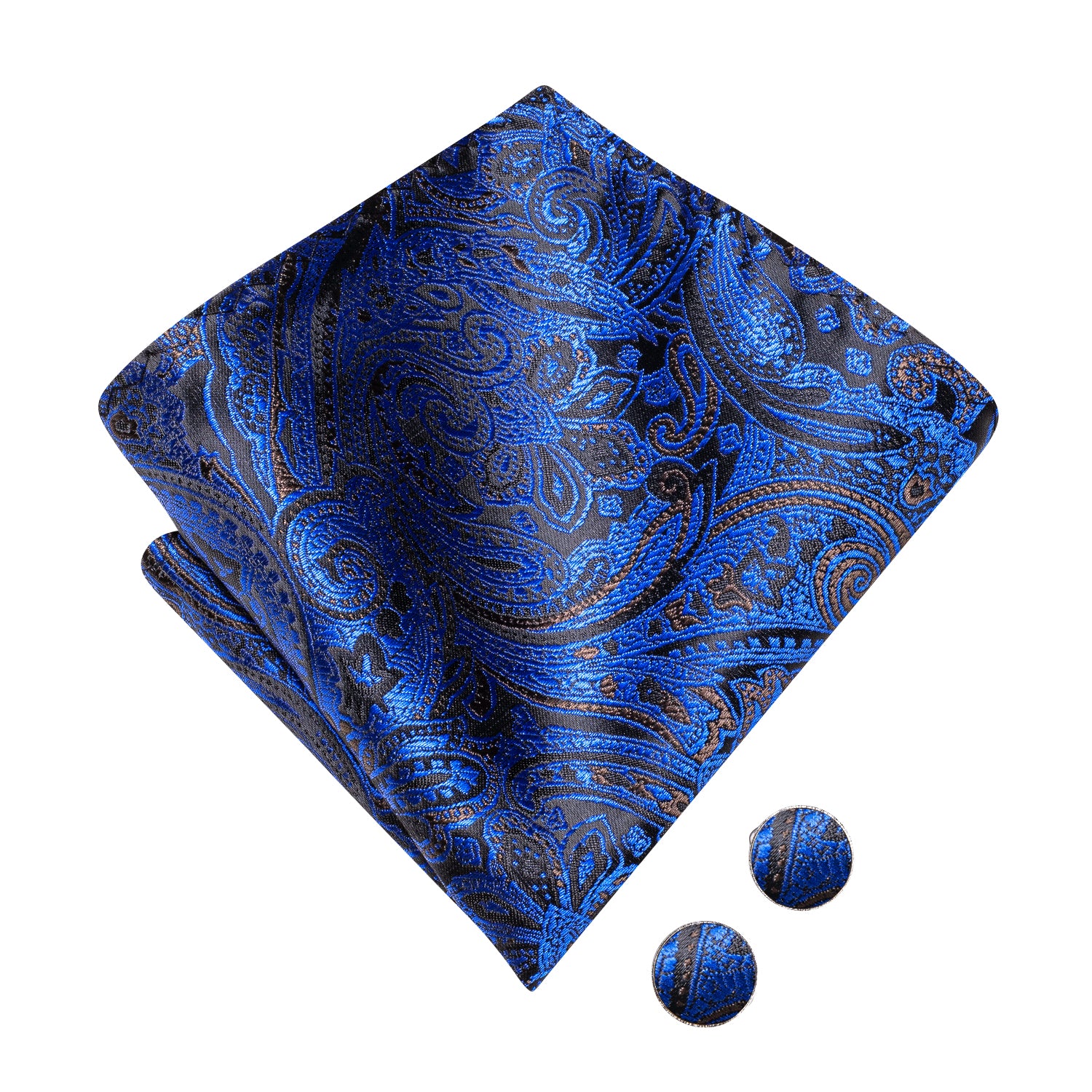 Black Blue Paisley Pre-tied Bow Tie Hanky Cufflinks Set