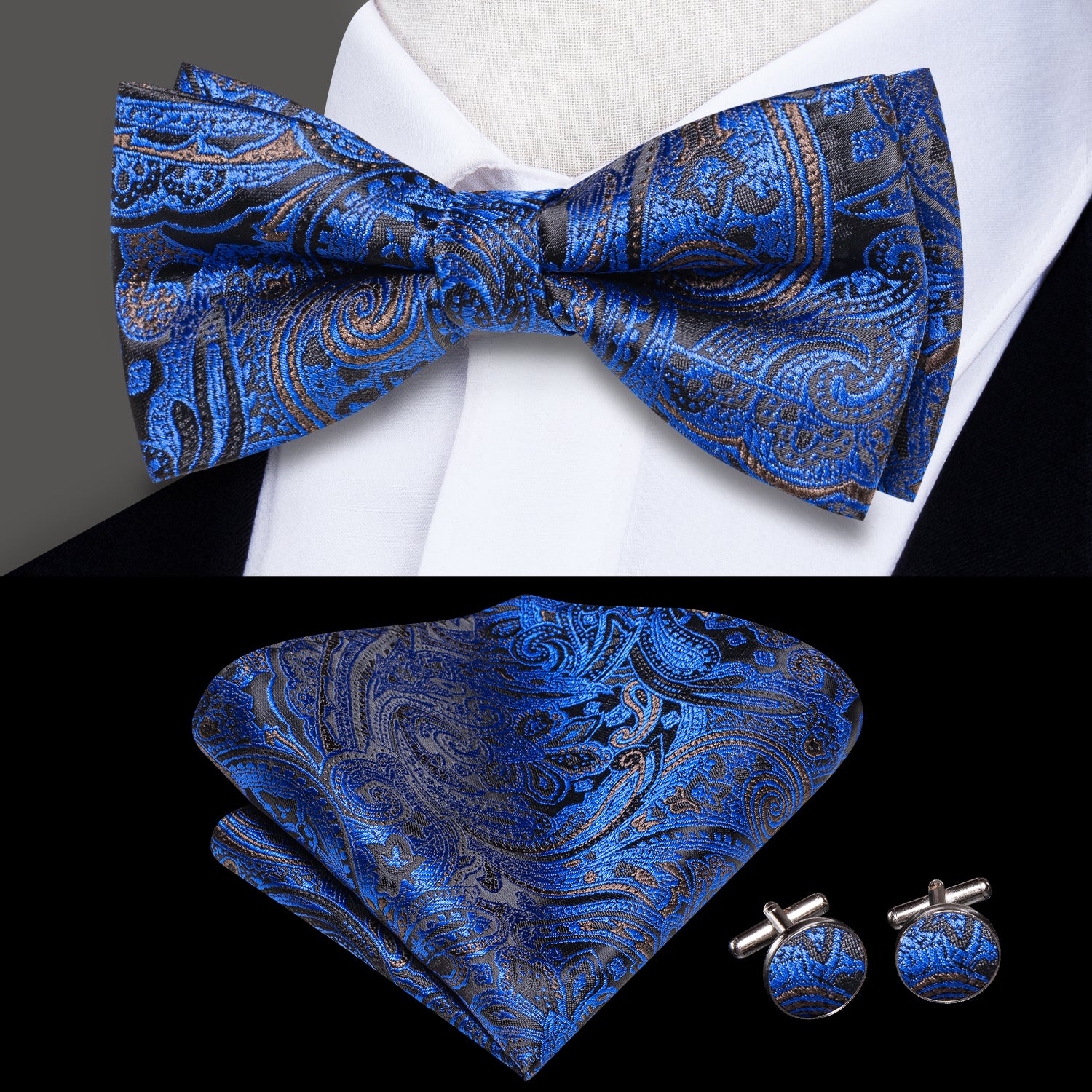 Black Blue Paisley Pre-tied Bow Tie Hanky Cufflinks Set