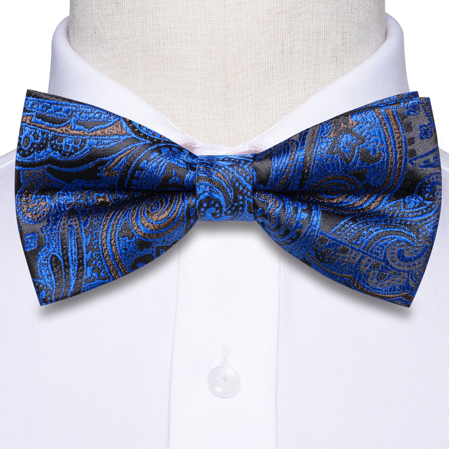 Black Blue Paisley Pre-tied Bow Tie Hanky Cufflinks Set