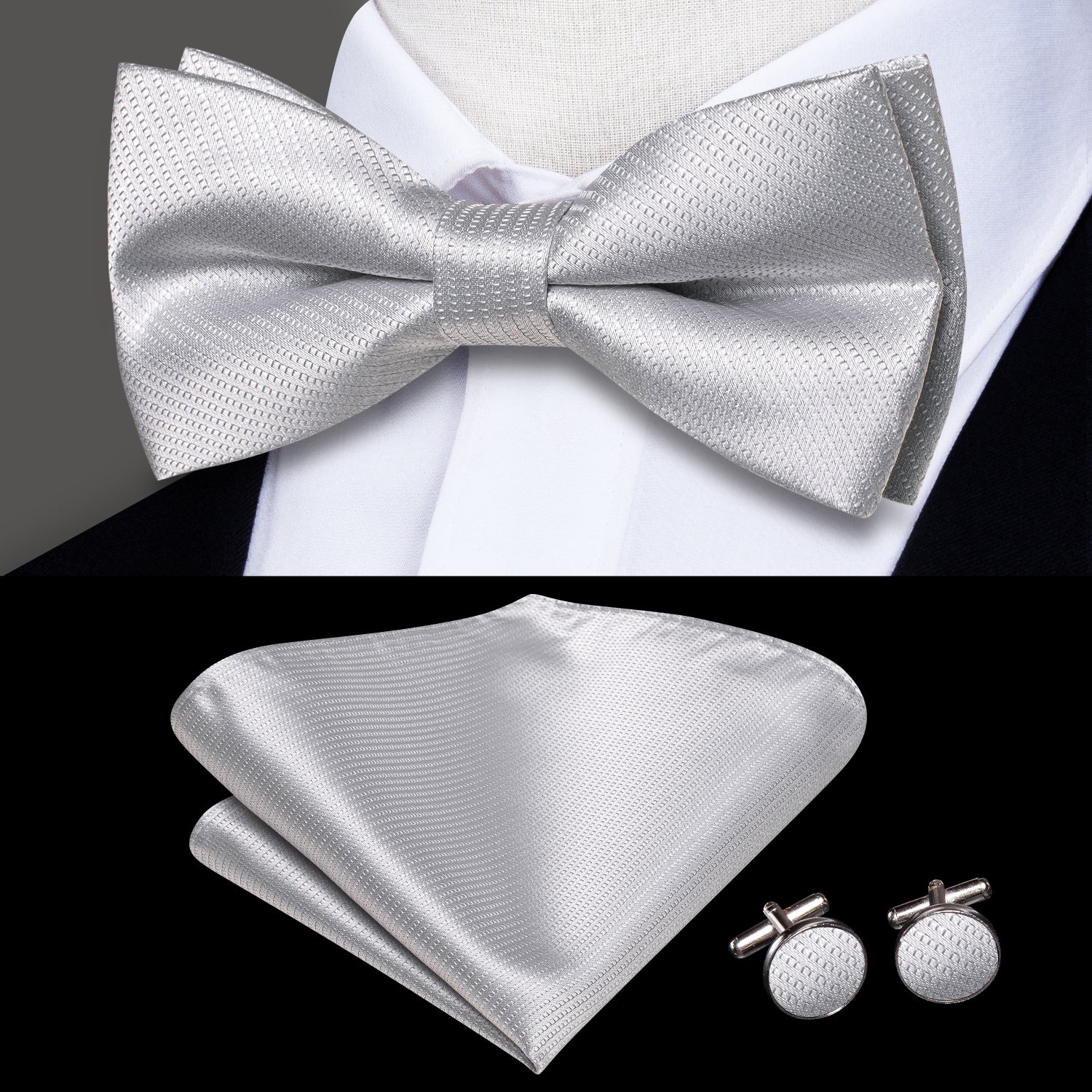 Silver Striped Pre-tied Bow Tie Hanky Cufflinks Set