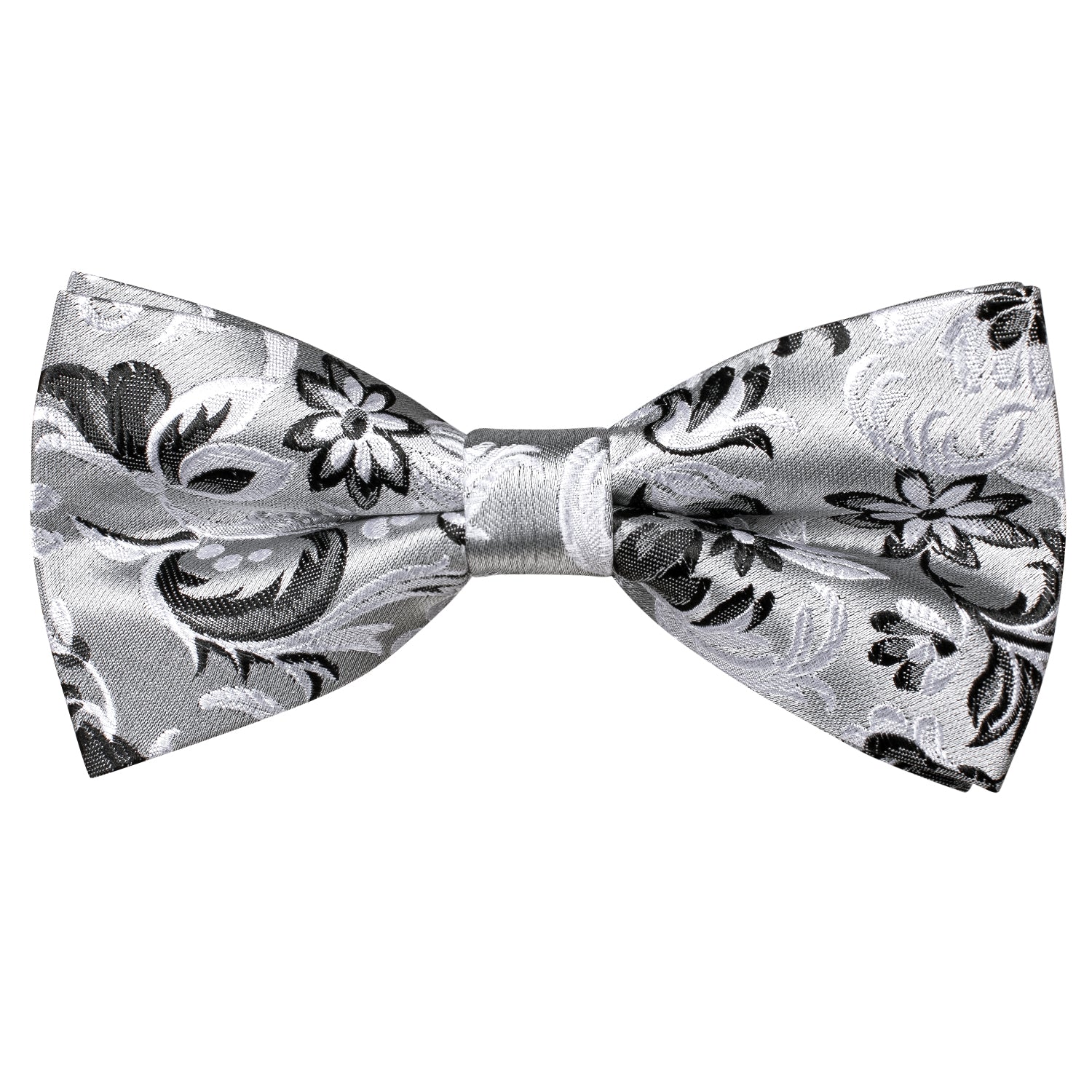 White Grey Floral Silk Pre-tied Bow Tie Hanky Cufflinks Set