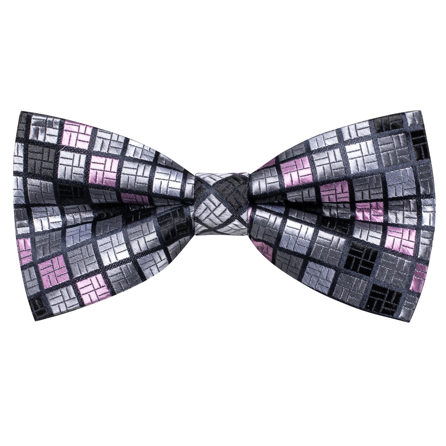Grey Pink Plaid Silk Pre-tied Bow Tie Hanky Cufflinks Set