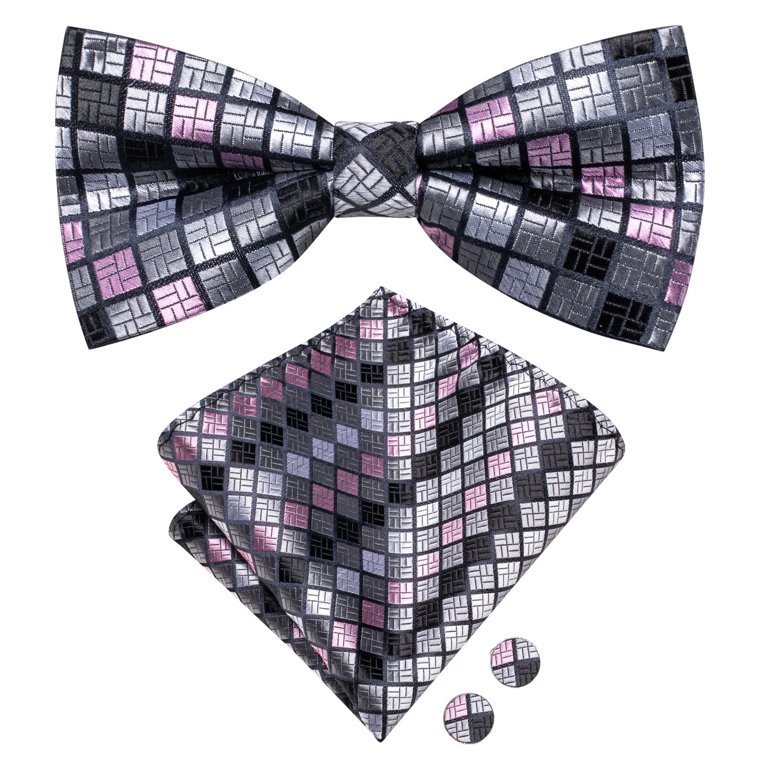 Grey Pink Plaid Silk Pre-tied Bow Tie Hanky Cufflinks Set