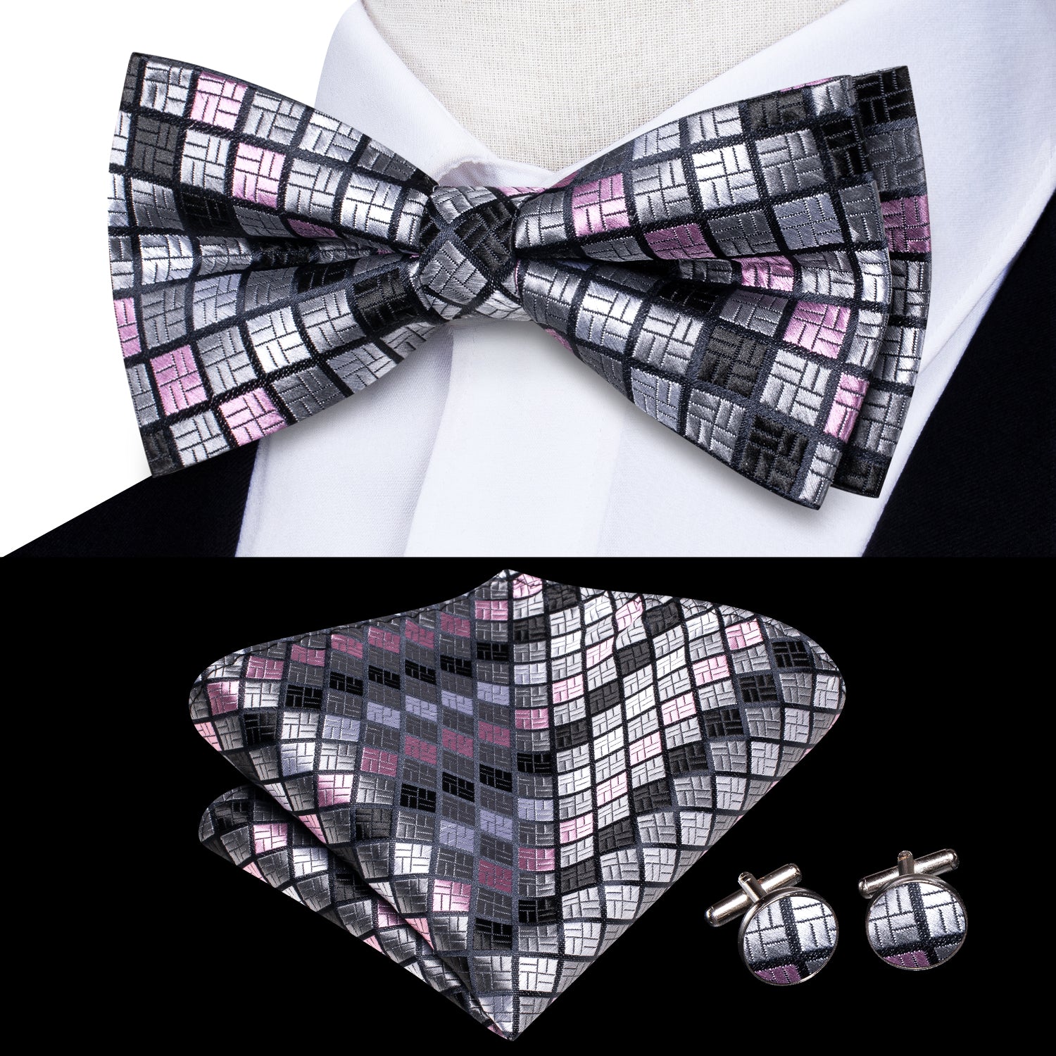 Grey Pink Plaid Silk Pre-tied Bow Tie Hanky Cufflinks Set