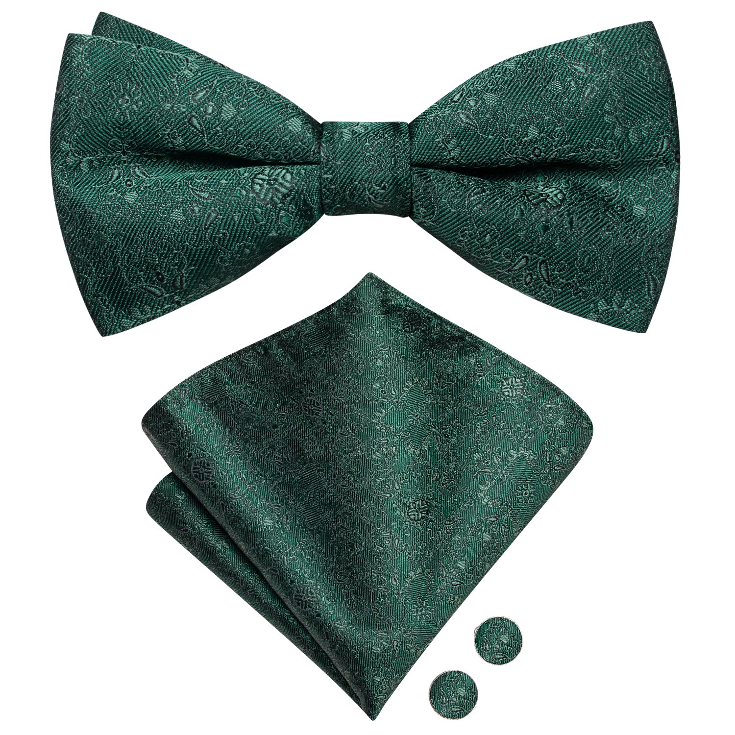 Deep Green Floral Silk Pre-tied Bow Tie Hanky Cufflinks Set