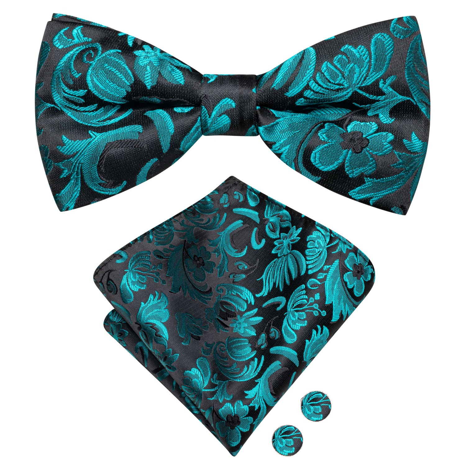 Black Cyan Paisley Silk Pre-tied Bow Tie Hanky Cufflinks Set