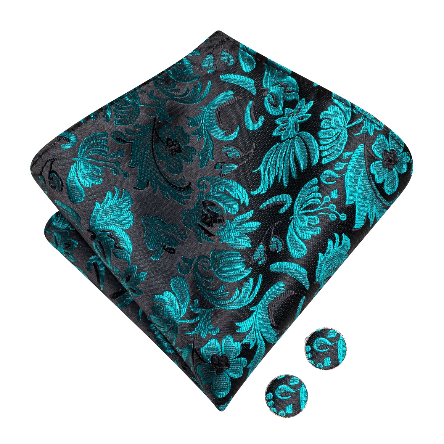 Black Cyan Paisley Silk Pre-tied Bow Tie Hanky Cufflinks Set