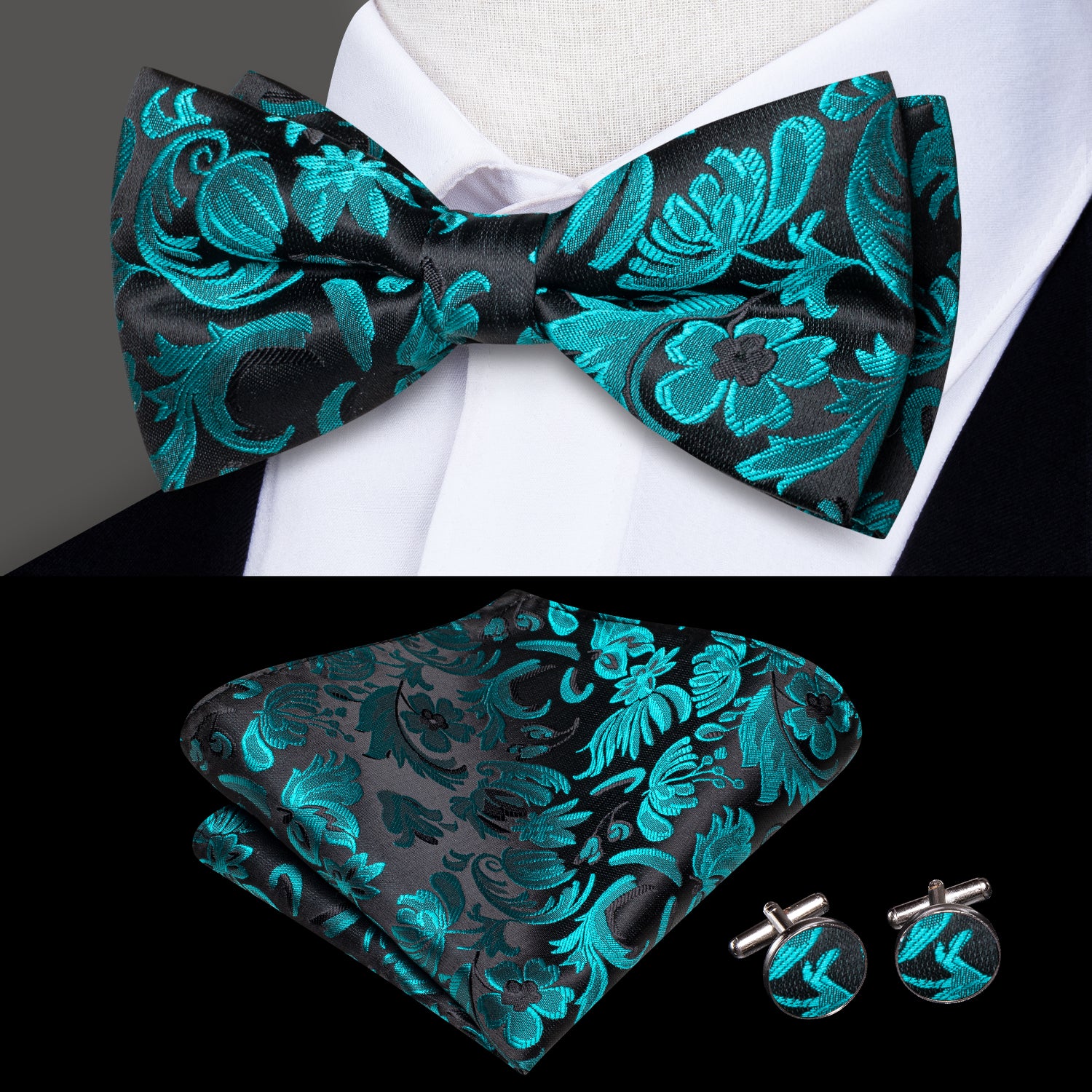 Black Cyan Paisley Silk Pre-tied Bow Tie Hanky Cufflinks Set