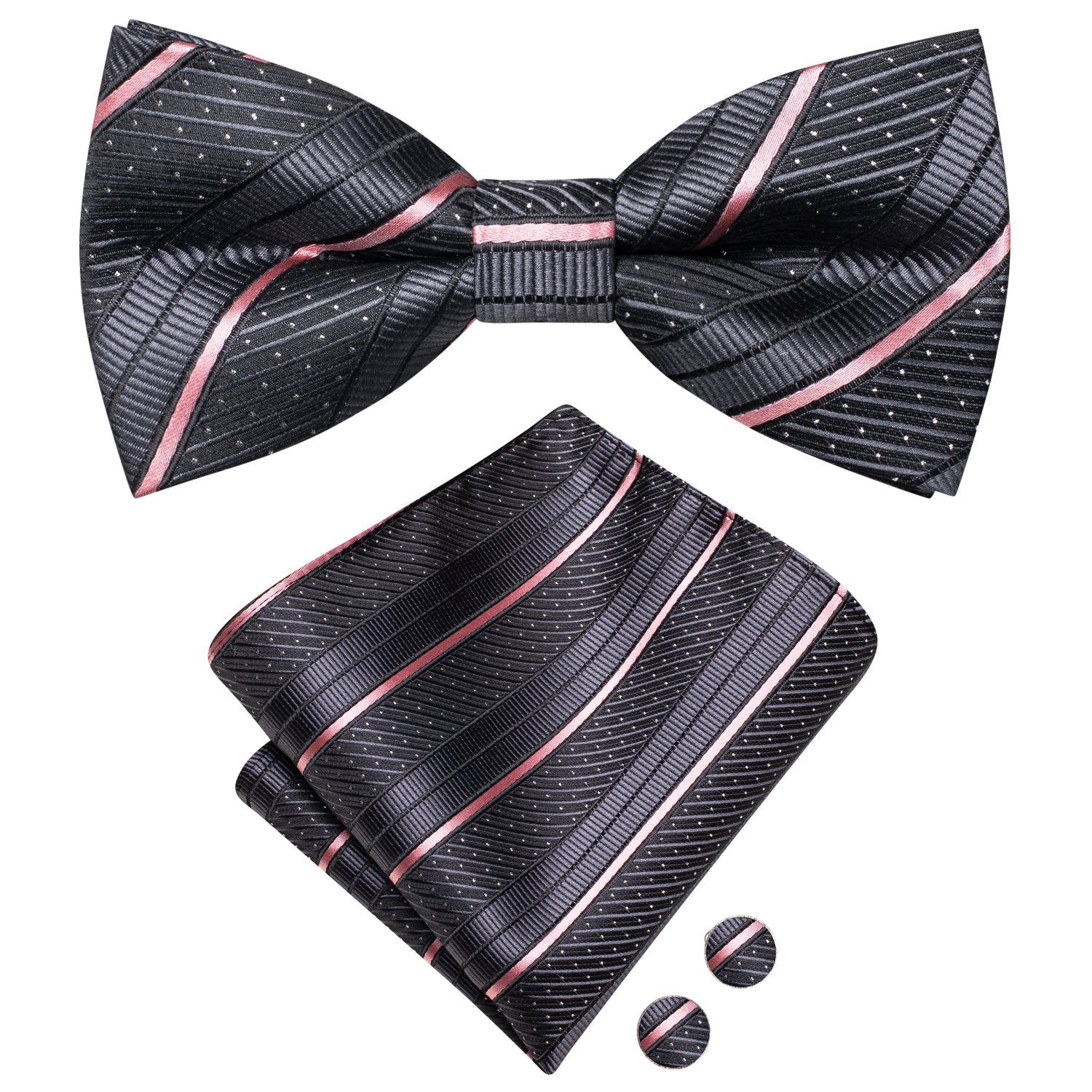 Black Pink Striped Silk Pre-tied Bow Tie Hanky Cufflinks Set