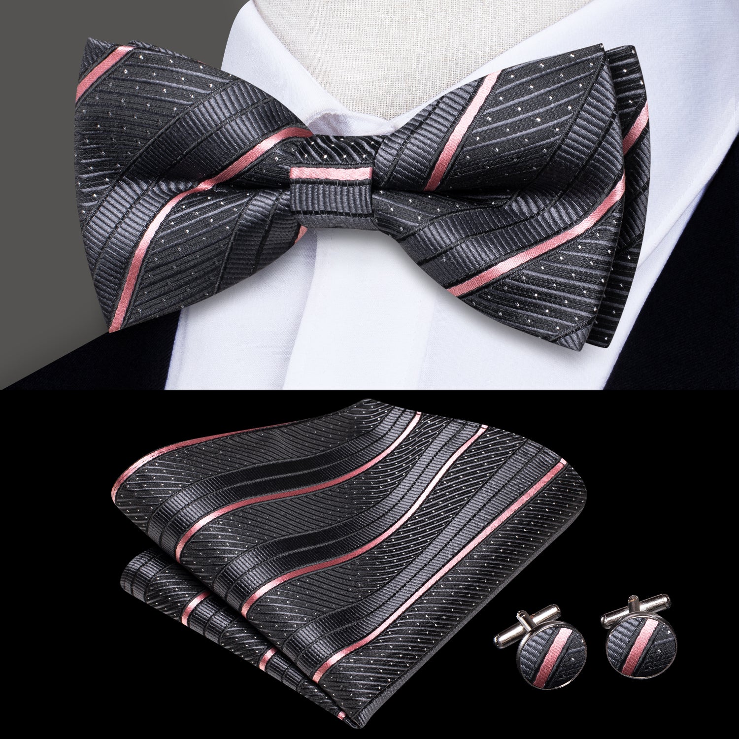 Black Pink Striped Silk Pre-tied Bow Tie Hanky Cufflinks Set