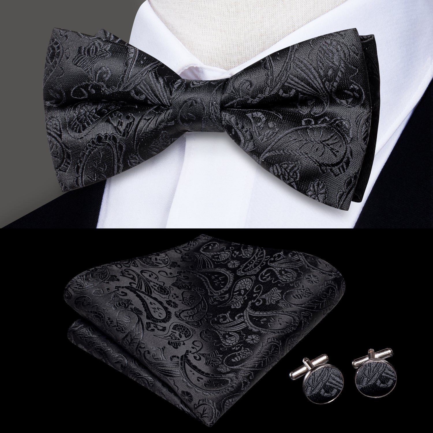 Black Paisley Silk Pre-tied Mens Bow Tie Hanky Cufflinks Set